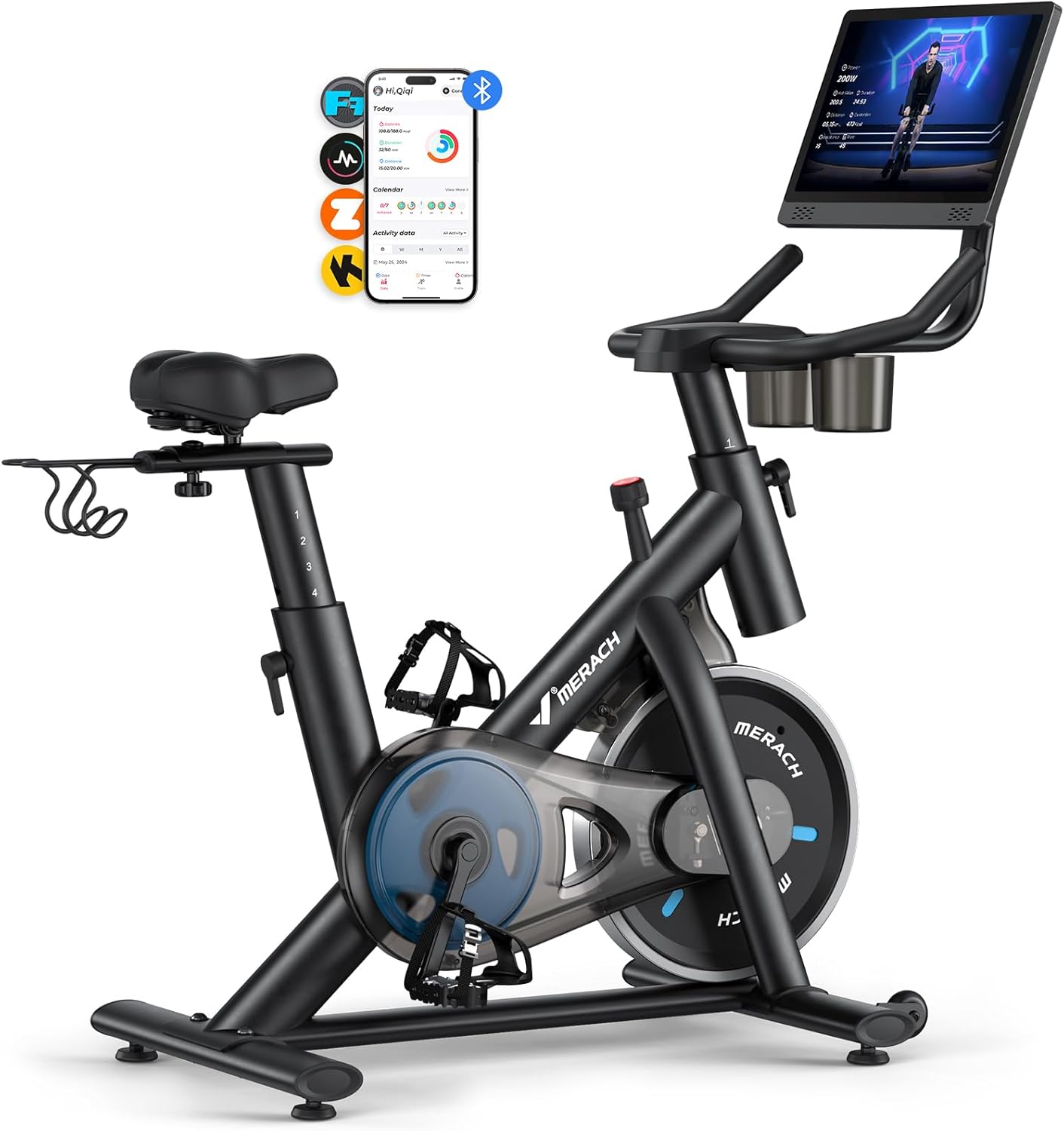 MERACH Exercise Bike, Brake Pad Stationary Bike with Exclusive App, Low Noise Indoor Cycling Bike with 300lbs Weight Capacity, Tablet Mount and Fitness Courses for Weight Loss MERACH Exercise Bike, Brake Pad Stationary Bike with Exclusive App, Low Noise Indoor Cycling Bike with 300lbs Weight Capacity, Tablet Mount and Fitness Courses for Weight Loss