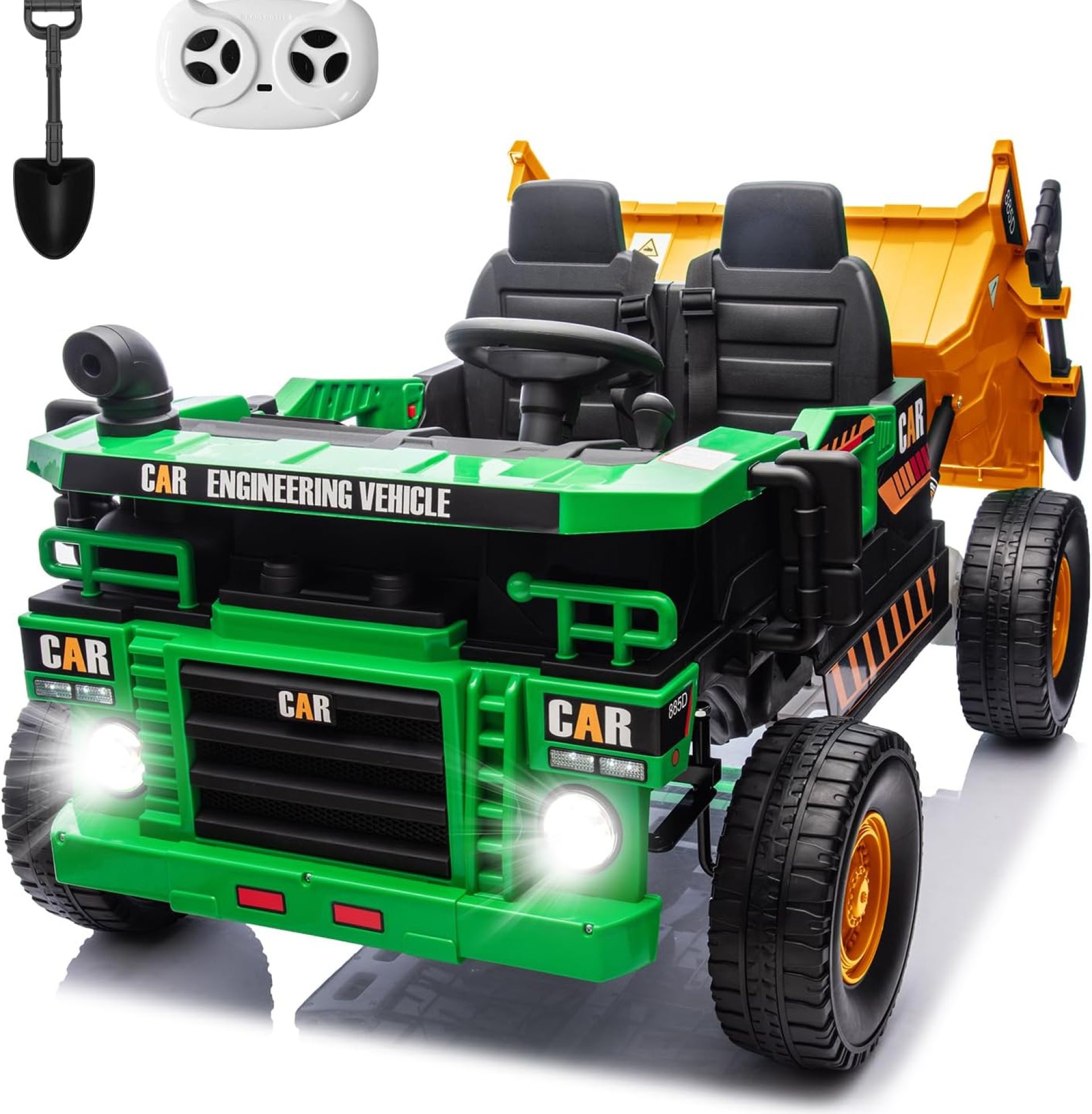 2-Seater Kids Ride on Toy Car Truck, 12V Electric Ride on Construction Vehicle for Boys, Remote Control, Key Start, Shovel, Dump Bed, Music, Birthday Gift (Green Yellow, 12V) 2-Seater Kids Ride on Toy Car Truck, 12V Electric Ride on Construction Vehicle for Boys, Remote Control, Key Start, Shovel, Dump Bed, Music, Birthday Gift (Green Yellow, 12V)