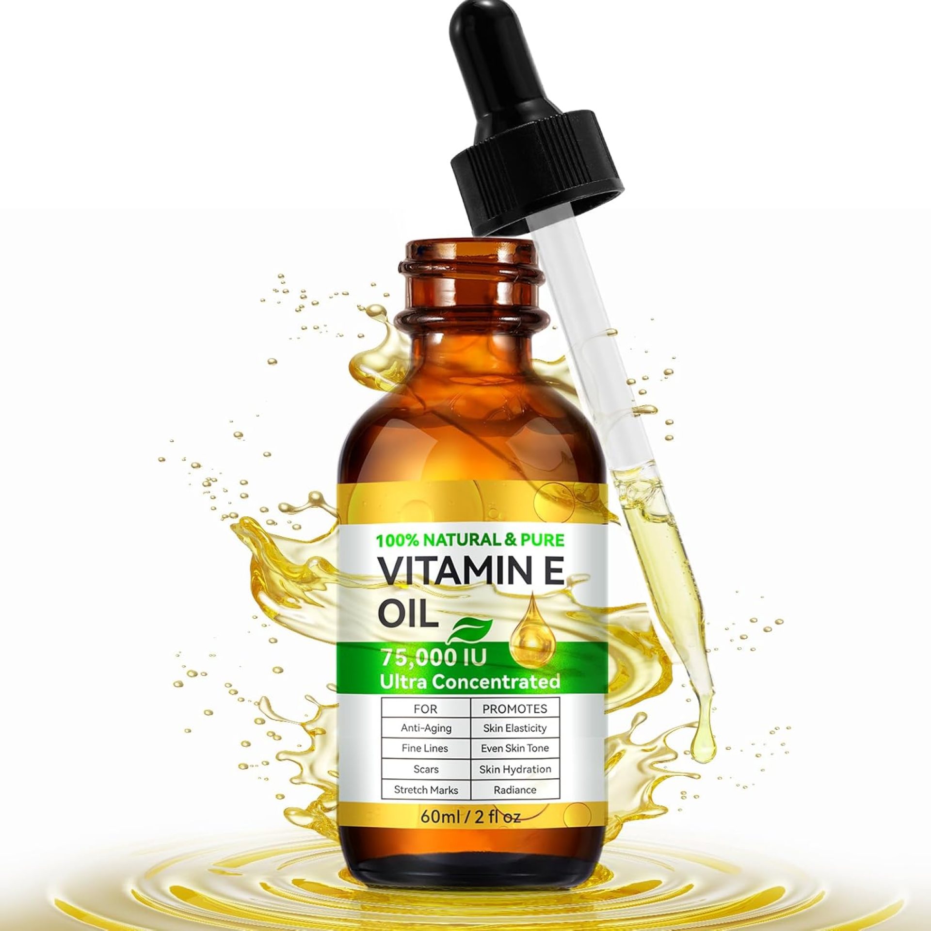 Pure Vitamin E Oil, 75,000 IU Ultra Concentrated & Natural for Stretch Mark/Scars Treatment, Smoothing & Moisturizing Skin & Hair & Cuticles, Cold Pressed/Hexane Free/Non-GMO, 60ML/2Fl Oz Pure Vitamin E Oil, 75,000 IU Ultra Concentrated & Natural for Stretch Mark/Scars Treatment, Smoothing & Moisturizing Skin & Hair & Cuticles, Cold Pressed/Hexane Free/Non-GMO, 60ML/2Fl Oz