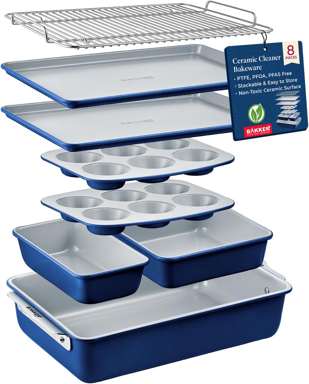 Bakken 8-Piece Stackable Bakeware Set – Ceramic Non-Stick, Oven-Safe Baking Sheets & Pans, PTFE/PFOA/PFOS-Free, Ergonomic Handles, Includes Cooling Rack – Healthy, Non-Toxic Baking Essentials Bakken 8-Piece Stackable Bakeware Set – Ceramic Non-Stick, Oven-Safe Baking Sheets & Pans, PTFE/PFOA/PFOS-Free, Ergonomic Handles, Includes Cooling Rack – Healthy, Non-Toxic Baking Essentials