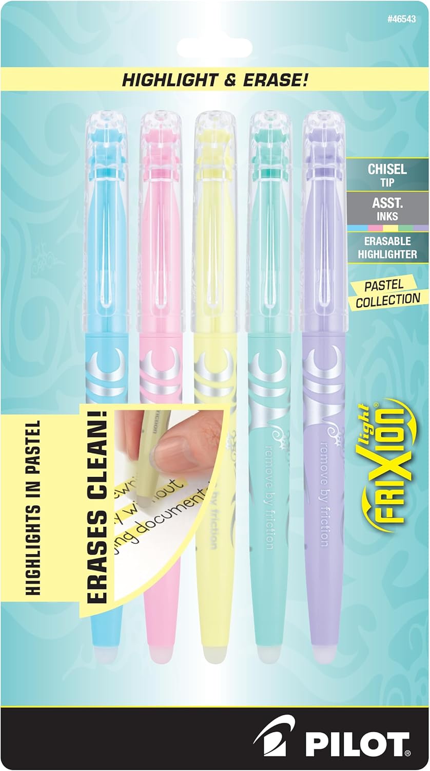 Pilot, FriXion Light Pastel Erasable Highlighters, Chisel Tip, Pack of 5, Pastel Blue, Pink, Yellow, Green & Purple Pilot, FriXion Light Pastel Erasable Highlighters, Chisel Tip, Pack of 5, Pastel Blue, Pink, Yellow, Green & Purple