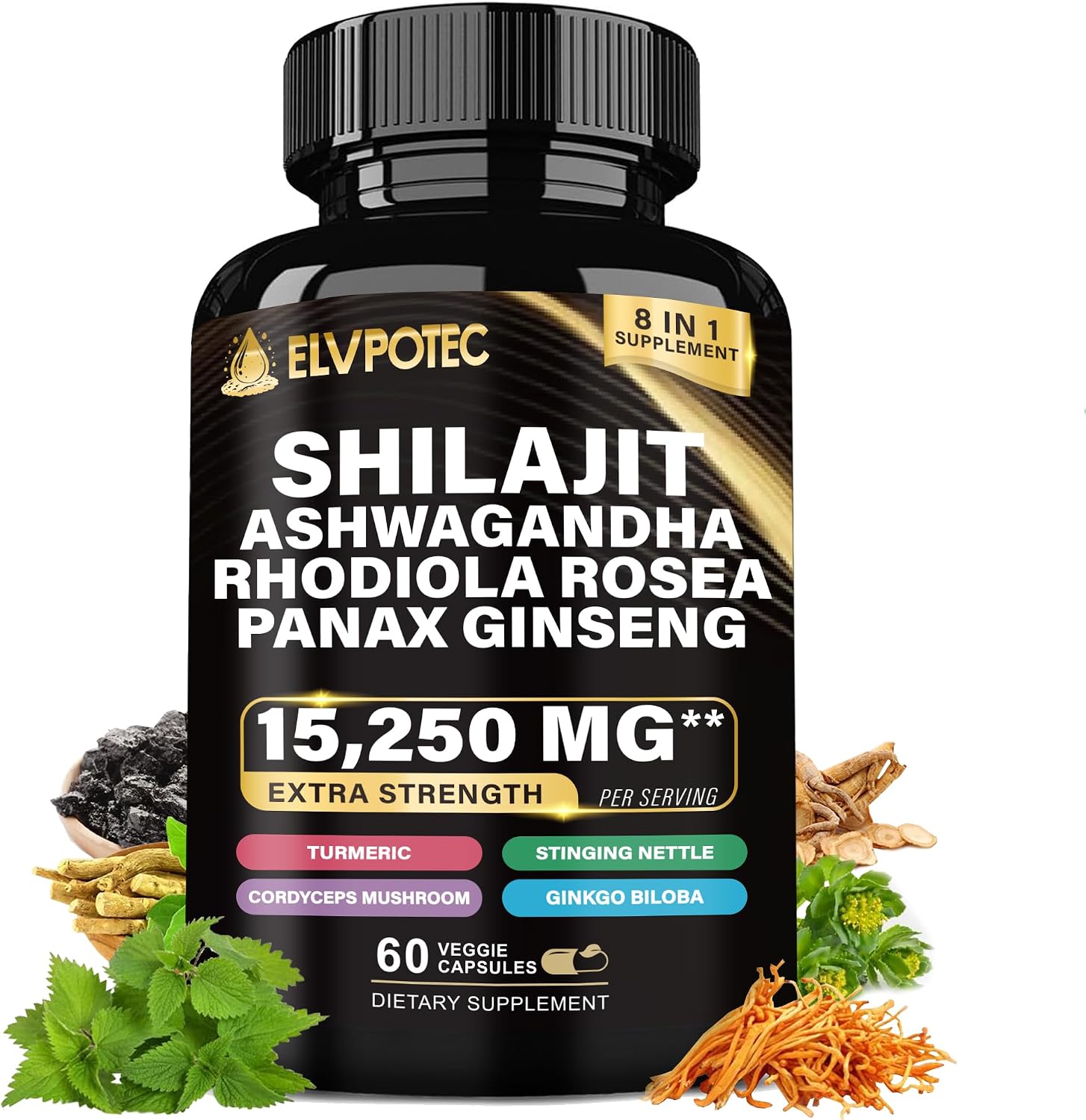 ELVPOTEC 9000MG Pure Himalayan Shilajit, 2000MG Ashwagandha Energy Booster, 1000MG Rhodiola Rosea, 1500MG Panax Ginseng, 500MG Turmeric, 500MG Ginkgo, 250MG Stinging Nettle, 500MG Cordyceps Mushroom ELVPOTEC 9000MG Pure Himalayan Shilajit, 2000MG Ashwagandha Energy Booster, 1000MG Rhodiola Rosea, 1500MG Panax Ginseng, 500MG Turmeric, 500MG Ginkgo, 250MG Stinging Nettle, 500MG Cordyceps Mushroom