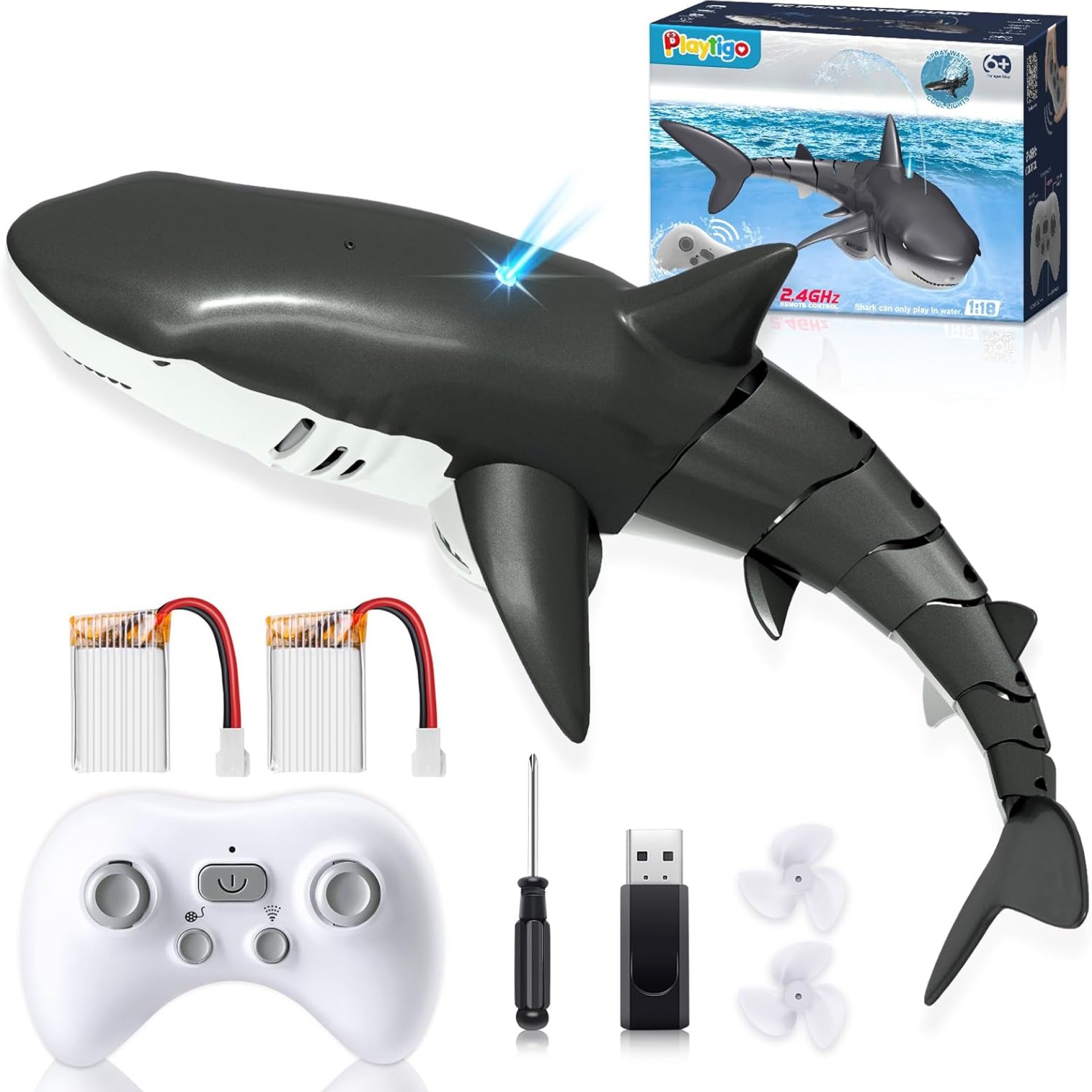 2.4Ghz Remote Control Shark Toys for Boys Kids,Highly Realistic Shark Pool Toys for Kids,RC Boat Outdoor Water Toy with Light and Spray Water for Boys Girls Ages 6+ (with 2 Batteries) 2.4Ghz Remote Control Shark Toys for Boys Kids,Highly Realistic Shark Pool Toys for Kids,RC Boat Outdoor Water Toy with Light and Spray Water for Boys Girls Ages 6+ (with 2 Batteries)
