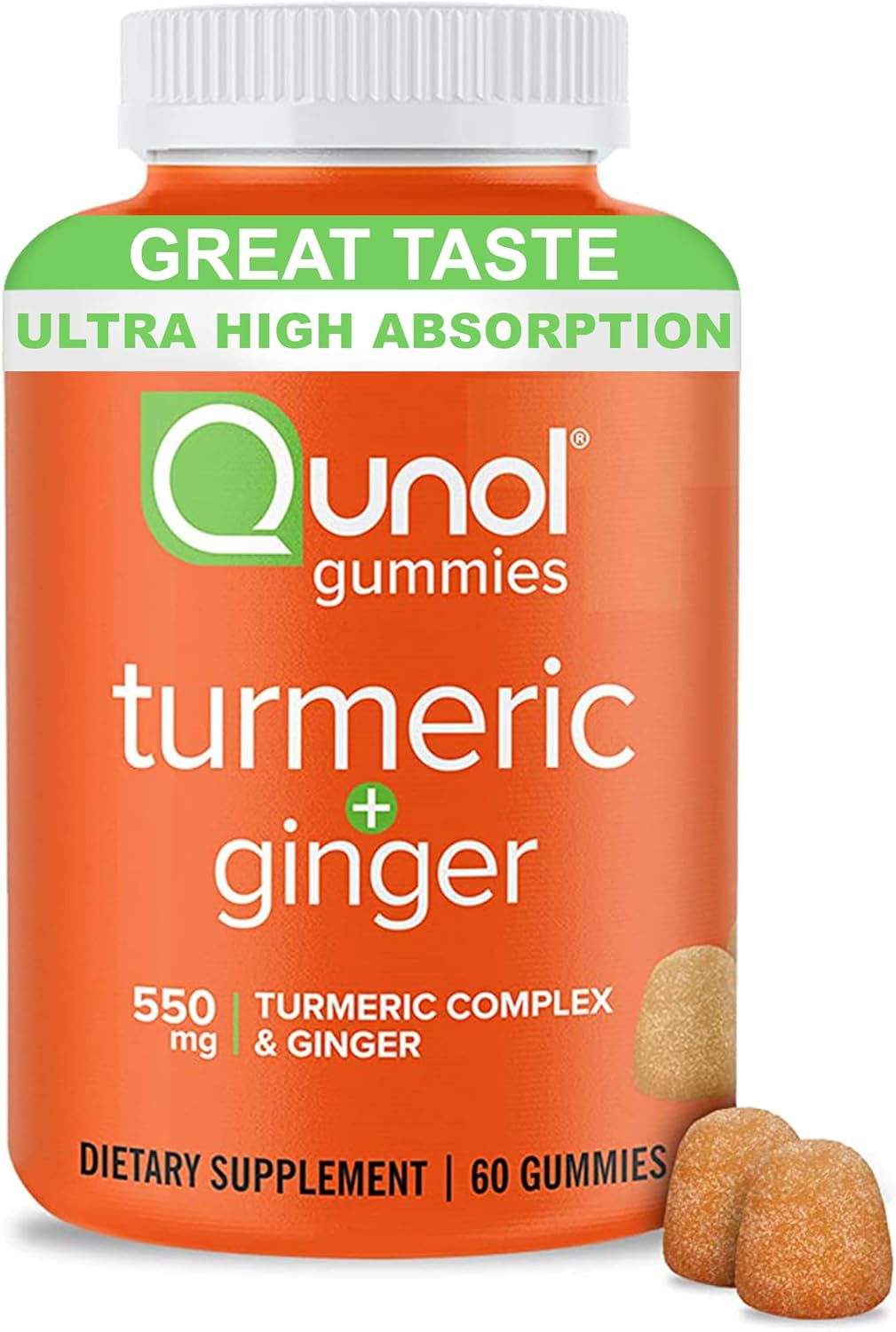 Qunol Turmeric and Ginger Gummies, Gummy with 500mg Turmeric + 50mg Ginger, Joint Support Supplement, Ultra High Absorption Tumeric and Ginger, Vegan, Gluten Free, 1 Month Supply 60ct Gummies Qunol Turmeric and Ginger Gummies, Gummy with 500mg Turmeric + 50mg Ginger, Joint Support Supplement, Ultra High Absorption Tumeric and Ginger, Vegan, Gluten Free, 1 Month Supply 60ct Gummies