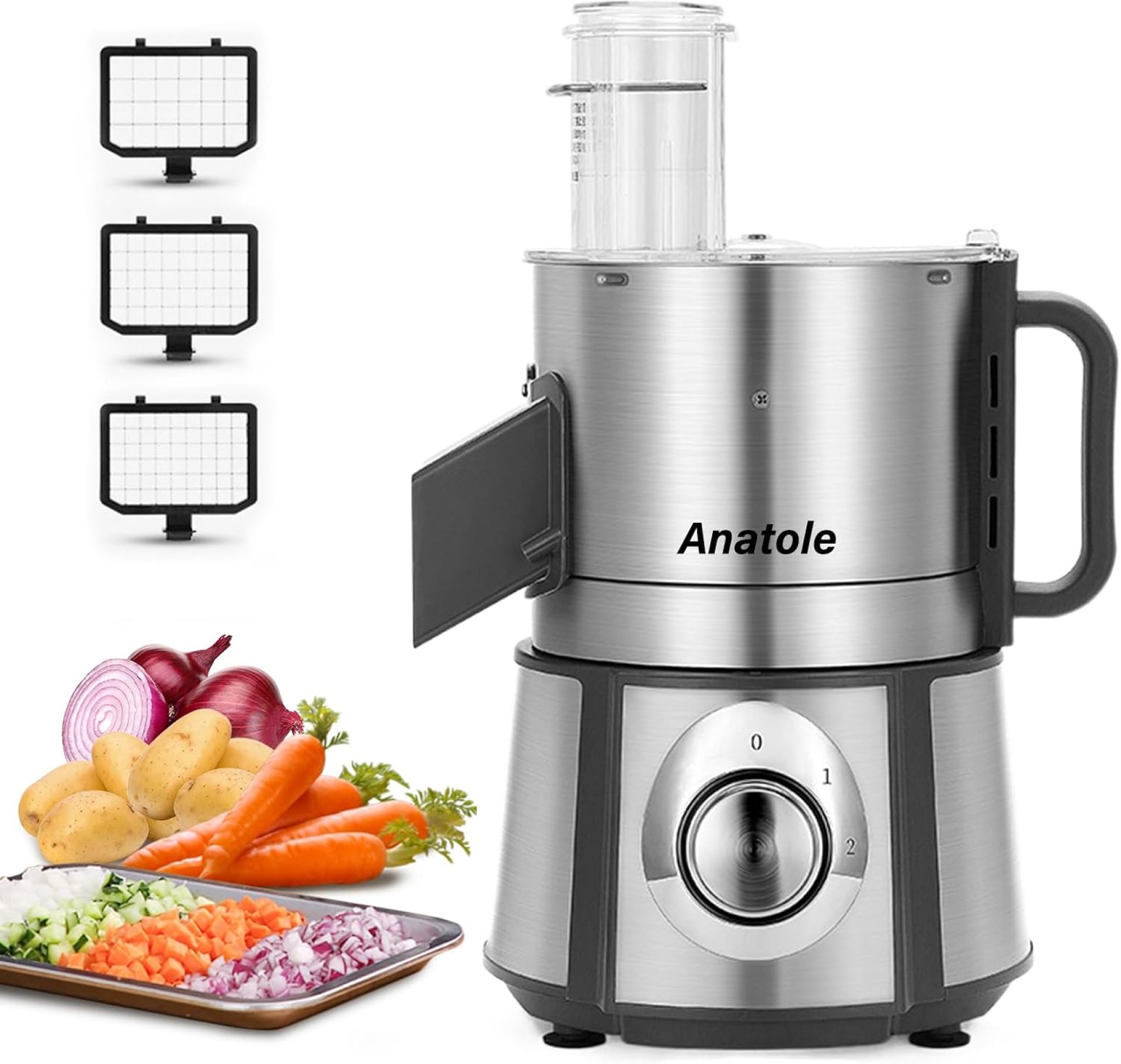 Anatole Electric Vegetable Dicer Stainless Steel 16-Cup Food Processor 300W Commercial Veggie Fruits Chopper Heavy Duty with 1/4″ 3/8″ 1/2″ Blades Auto Discharge for Potato Onion Carrot Anatole Electric Vegetable Dicer Stainless Steel 16-Cup Food Processor 300W Commercial Veggie Fruits Chopper Heavy Duty with 1/4″ 3/8″ 1/2″ Blades Auto Discharge for Potato Onion Carrot