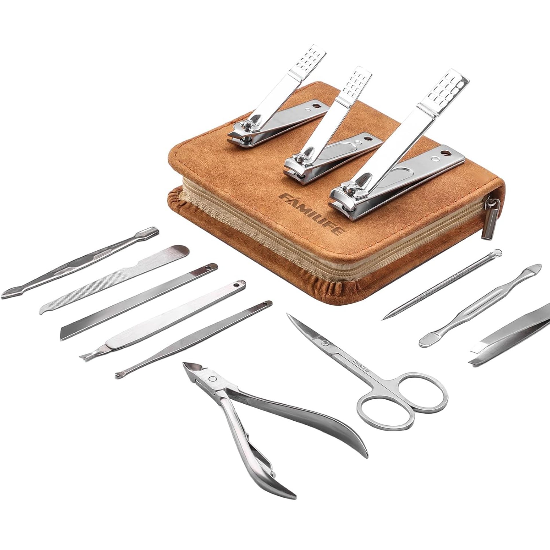 FAMILIFE Manicure Set, Nail Professional Kit Manicure Kits Nail Clipper Sets, 13PCS Stainless Steel Pedicure Sets Mens Grooming Tool, with Brown Leather Travel Case for Men FAMILIFE Manicure Set, Nail Professional Kit Manicure Kits Nail Clipper Sets, 13PCS Stainless Steel Pedicure Sets Mens Grooming Tool, with Brown Leather Travel Case for Men