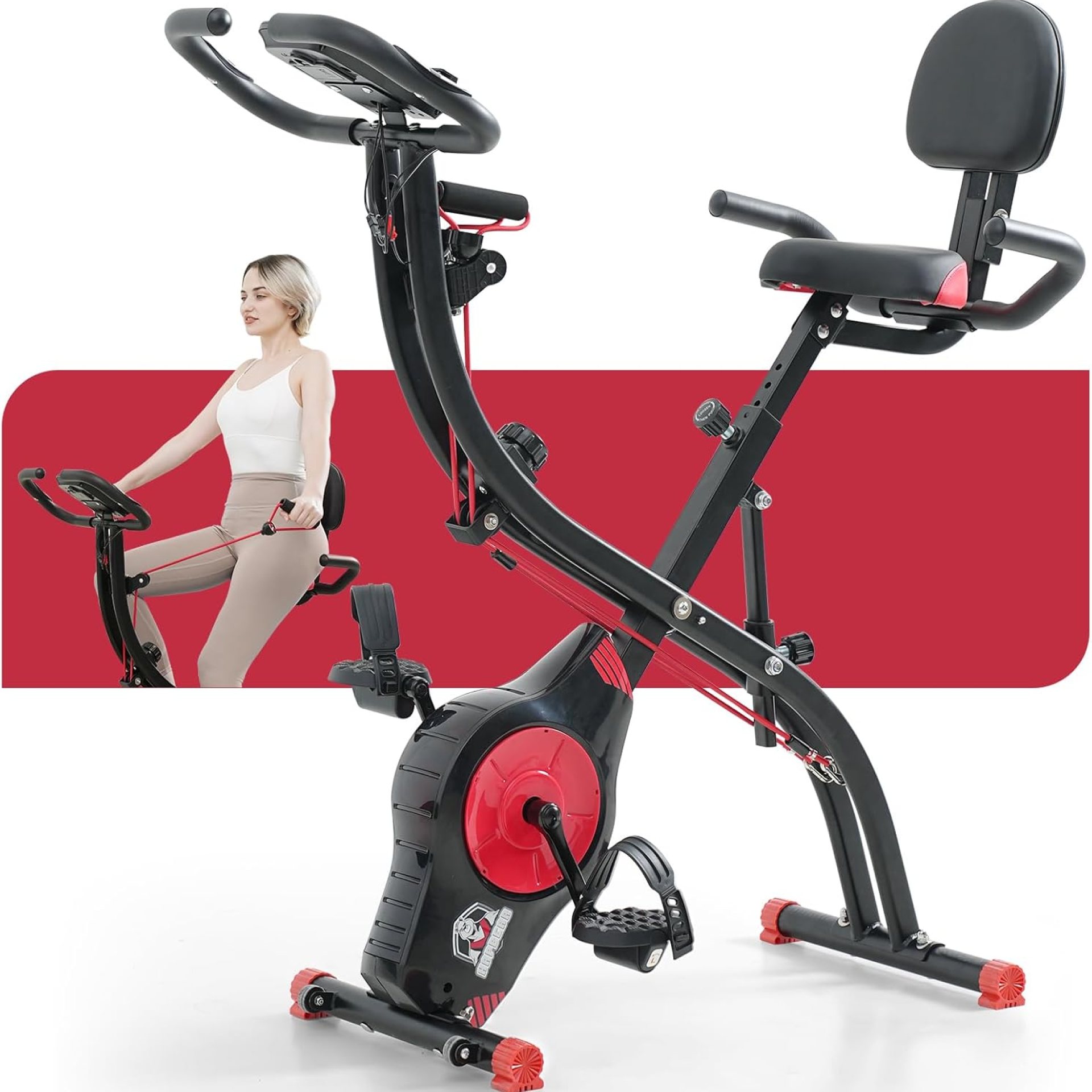 HAPBEAR Folding Exercise Bike Magnetic Foldable Stationary Bike, 3 in 1 Mode Indoor Upright Fitness Workout X-Bike with 8-Level Resistance and Arm Resistance Band, Pulse Sensor,LCD Monitor HAPBEAR Folding Exercise Bike Magnetic Foldable Stationary Bike, 3 in 1 Mode Indoor Upright Fitness Workout X-Bike with 8-Level Resistance and Arm Resistance Band, Pulse Sensor,LCD Monitor