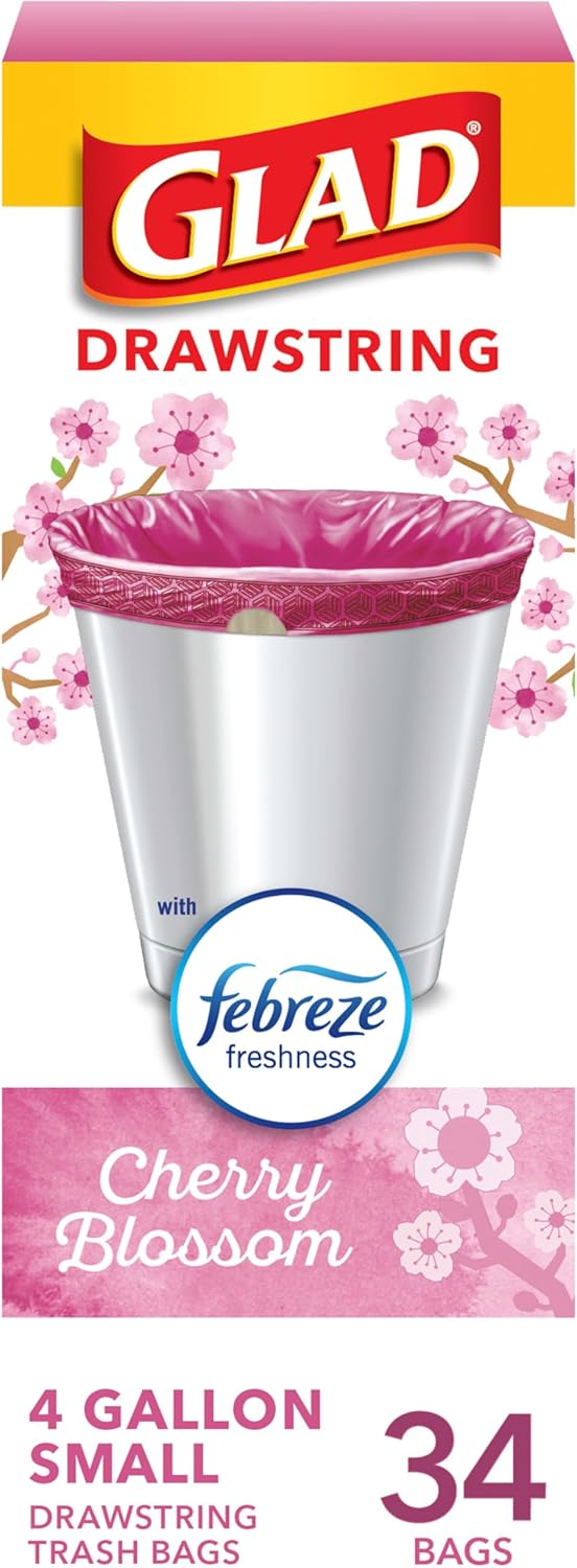 Glad Small Trash Bags 4 Gallon, Febreze Cherry Blossom Garbage Bags, Odor Resistant with Drawstring, 34 Count Glad Small Trash Bags 4 Gallon, Febreze Cherry Blossom Garbage Bags, Odor Resistant with Drawstring, 34 Count