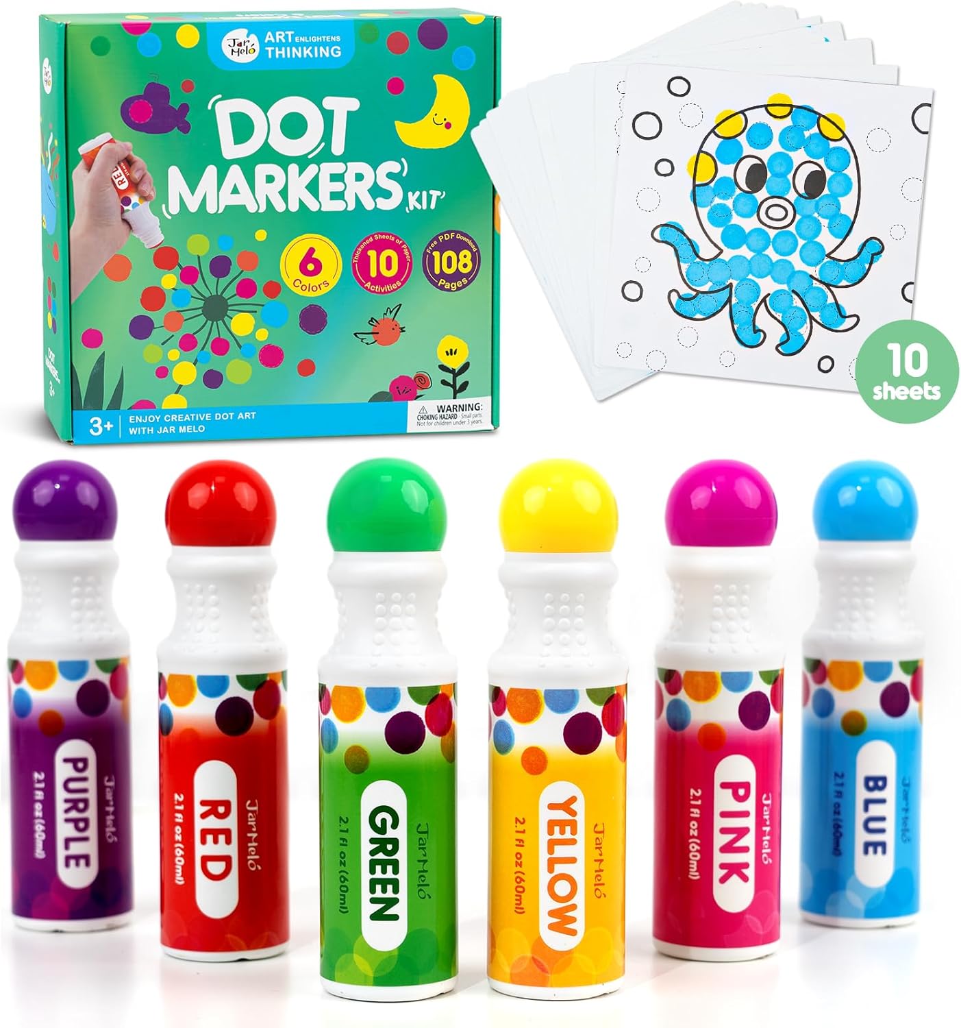 Jar Melo Washable Dot Markers, 6 Colors Dot Paints with 108 PDF & 10 Physical Activity Papers, Non-Toxic Bingo Daubers for Toddlers 1-3 2-4 Jar Melo Washable Dot Markers, 6 Colors Dot Paints with 108 PDF & 10 Physical Activity Papers, Non-Toxic Bingo Daubers for Toddlers 1-3 2-4