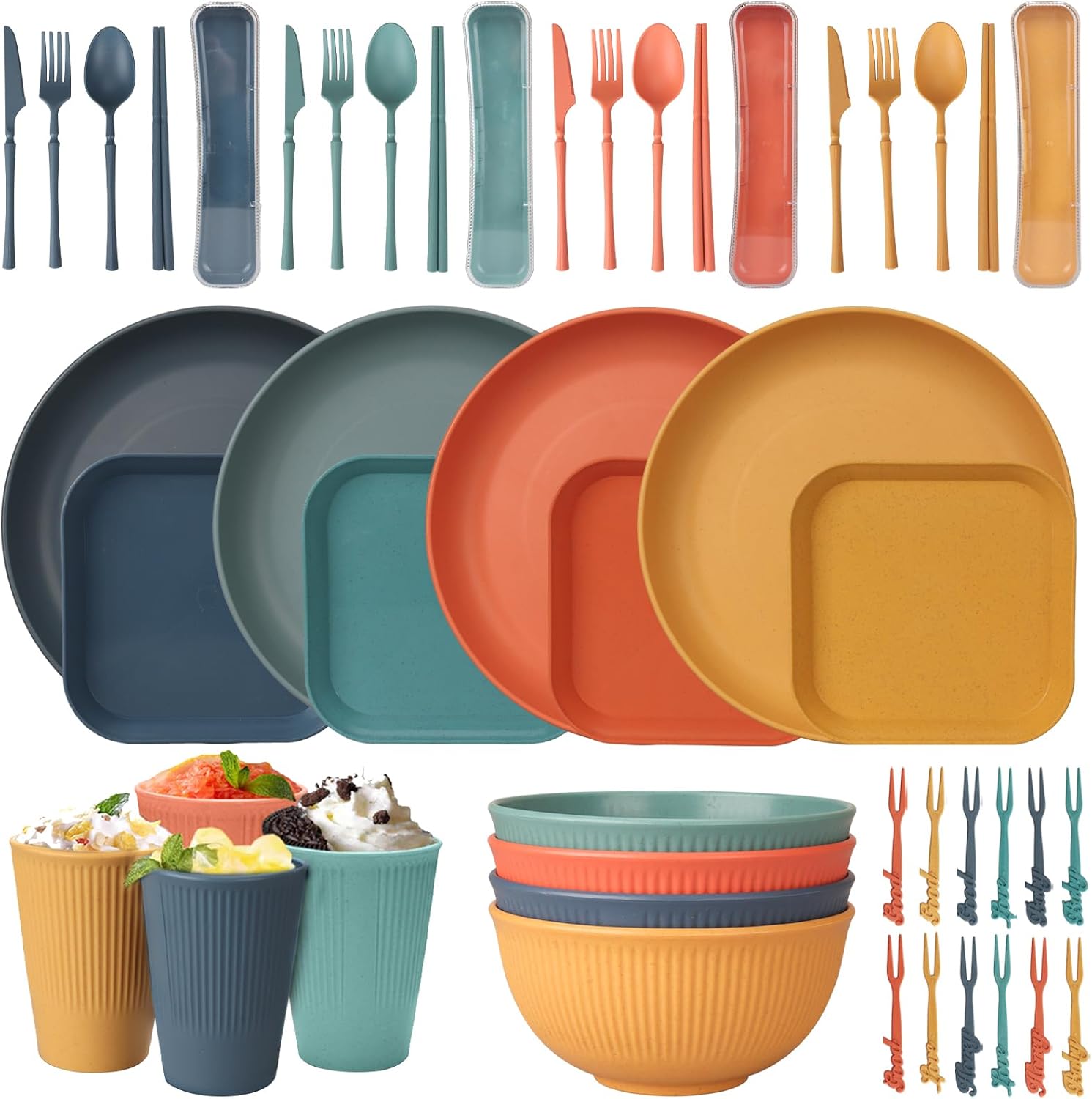 48 Pcs Dinnerware Sets, Unbreakable Plates and Bowls Sets, Reusable Dinnerware Sets for 4 People, Travel Camping Picnic Home Party Cutlery Set, Dishwasher Microwave Safe Dishes 48 Pcs Dinnerware Sets, Unbreakable Plates and Bowls Sets, Reusable Dinnerware Sets for 4 People, Travel Camping Picnic Home Party Cutlery Set, Dishwasher Microwave Safe Dishes