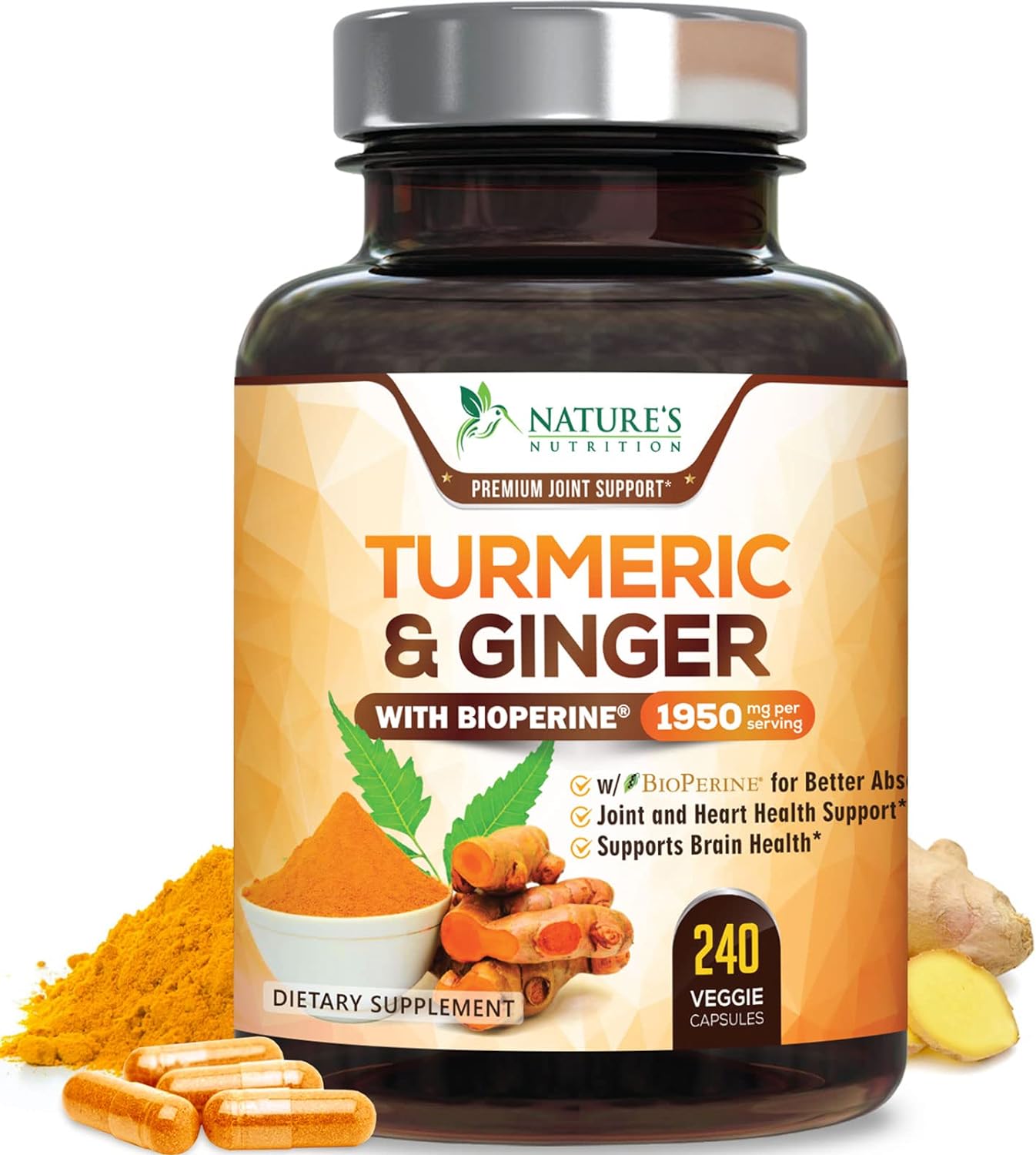 Turmeric Curcumin Supplement 1950mg with Organic Turmeric & Ginger, 95% Curcuminoids, BioPerine Black Pepper for Best Absorption, Nature’s Vegan Joint Support, Non-GMO, Bottled in USA – 240 Capsules Turmeric Curcumin Supplement 1950mg with Organic Turmeric & Ginger, 95% Curcuminoids, BioPerine Black Pepper for Best Absorption, Nature’s Vegan Joint Support, Non-GMO, Bottled in USA – 240 Capsules
