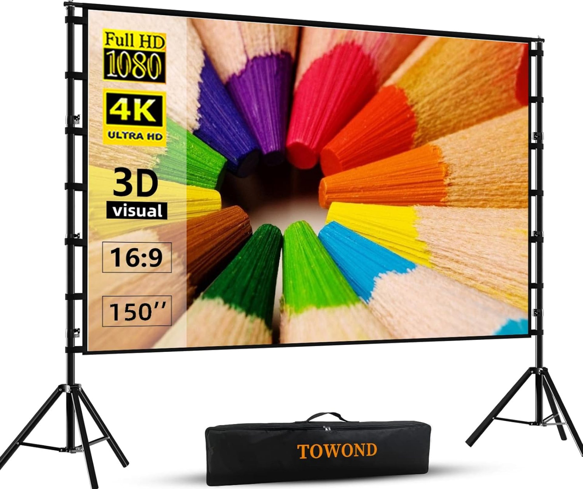 Projector Screen and Stand,Towond 150 inch Indoor Outdoor Projection Screen, Portable 16:9 4K HD Rear Front Movie Screen with Carry Bag Wrinkle-Free Design for Home Theater Backyard Cinema Projector Screen and Stand,Towond 150 inch Indoor Outdoor Projection Screen, Portable 16:9 4K HD Rear Front Movie Screen with Carry Bag Wrinkle-Free Design for Home Theater Backyard Cinema