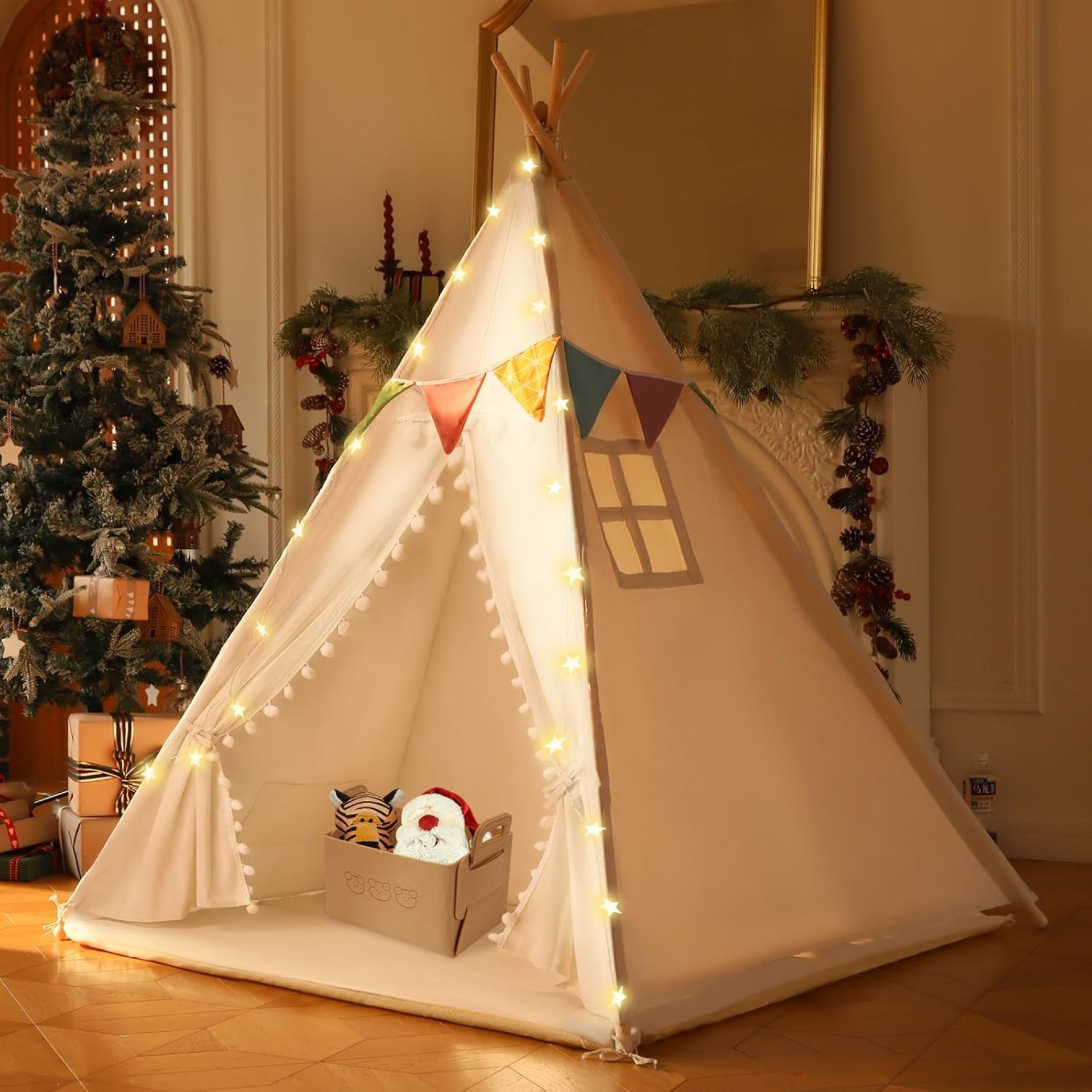 Kids Teepee Tent with Mat – Indoor Playhouse for Boys and Girls – Anti-Slip Cotton Teepee Tent for Kids with Star Lights, Flags, Felt Basket and Carry Bag Toddler Teepee Children’s Room Kids Teepee Tent with Mat – Indoor Playhouse for Boys and Girls – Anti-Slip Cotton Teepee Tent for Kids with Star Lights, Flags, Felt Basket and Carry Bag Toddler Teepee Children’s Room