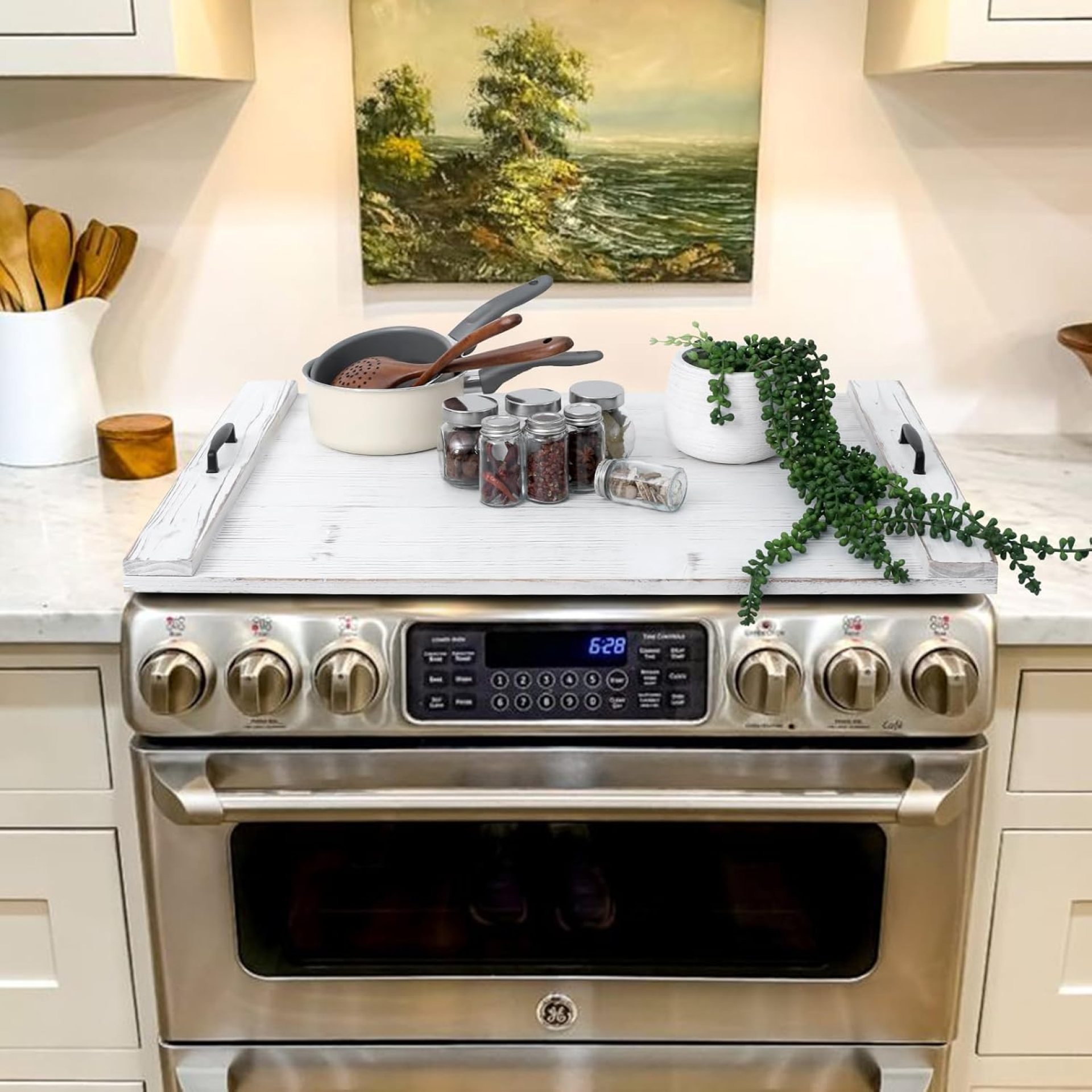 SwallowLiving Wood Noodle Board Stove Cover with Handles, Wooden Stovetop Cover Board for Gas Stove and Electric Stove Top,Kitchen Sink Cover for Counter Space, Cutting Board, White SwallowLiving Wood Noodle Board Stove Cover with Handles, Wooden Stovetop Cover Board for Gas Stove and Electric Stove Top,Kitchen Sink Cover for Counter Space, Cutting Board, White