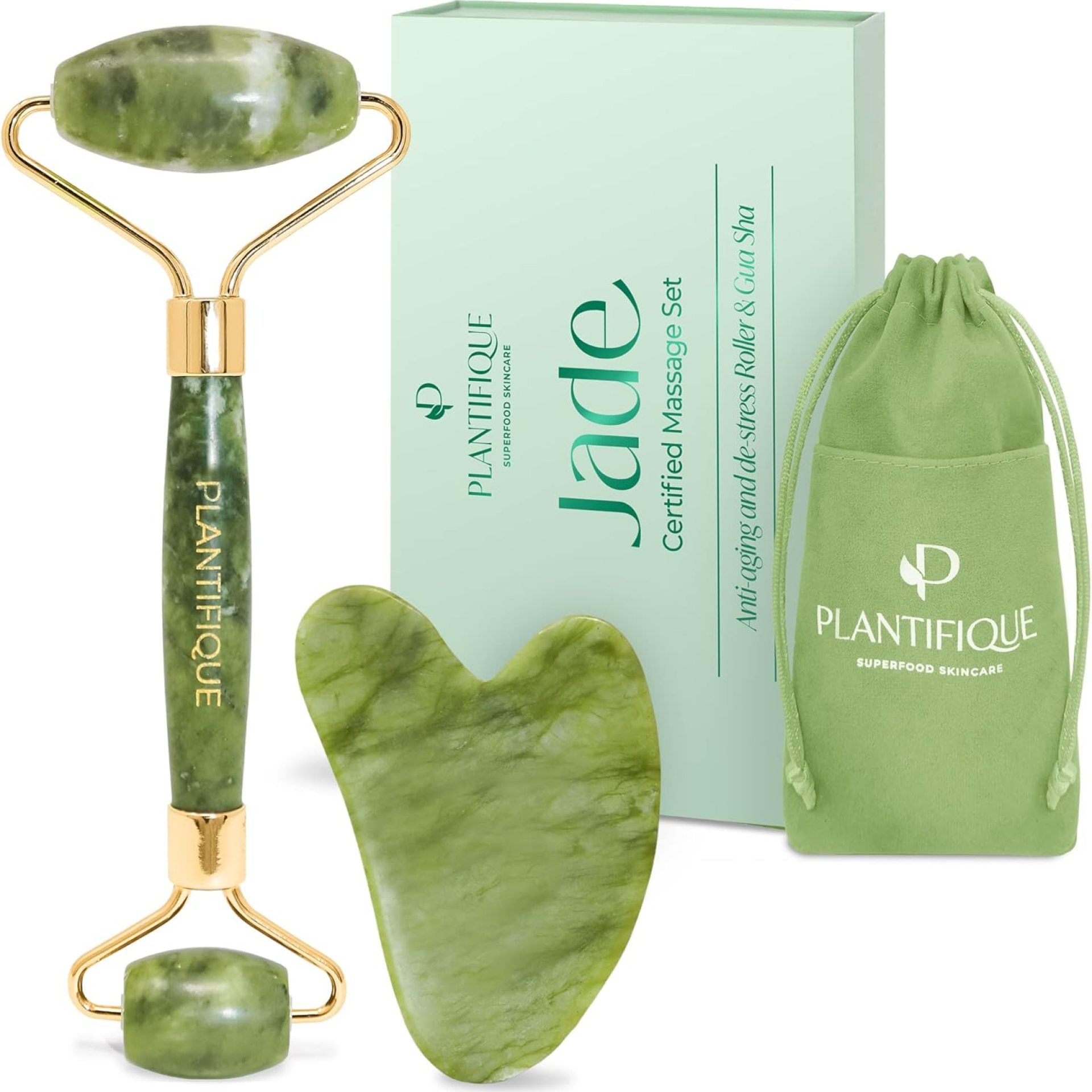 PLANTIFIQUE Jade Roller & Gua Sha Set – Real Jade Facial Tools for Skin Care Routine – Certified Face Massager for Radiant Skin PLANTIFIQUE Jade Roller & Gua Sha Set – Real Jade Facial Tools for Skin Care Routine – Certified Face Massager for Radiant Skin