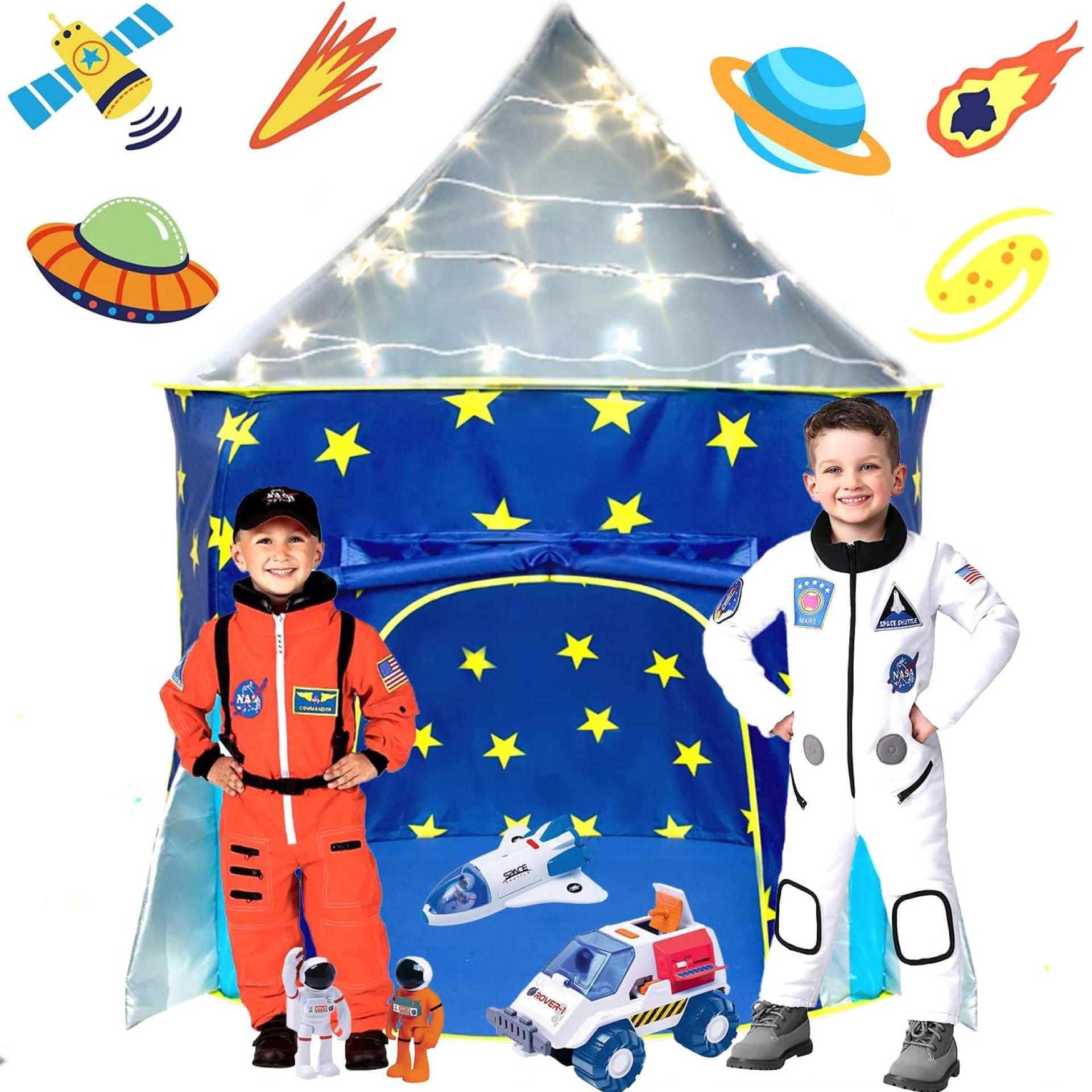 LimitlessFunN Rocket Ship Pop Up Kids Play Tent | Includes Star Lights & Carrying Case |, Children Indoor Castle Playhouse for Boys, Toddlers, 41″ D x 41″ W x 53″ H LimitlessFunN Rocket Ship Pop Up Kids Play Tent | Includes Star Lights & Carrying Case |, Children Indoor Castle Playhouse for Boys, Toddlers, 41″ D x 41″ W x 53″ H