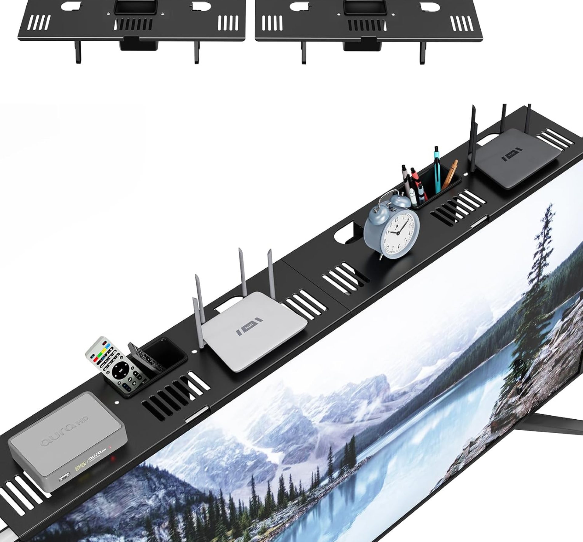 Adjustable Steel TV Top Shelf, Floating TV Stand with Storage Boxes, Universal Monitor Shelf for Soundbar, Game Console, Cable Box, Router Shelves and Home Accessories (with Storage Boxes, 2PCS) Adjustable Steel TV Top Shelf, Floating TV Stand with Storage Boxes, Universal Monitor Shelf for Soundbar, Game Console, Cable Box, Router Shelves and Home Accessories (with Storage Boxes, 2PCS)