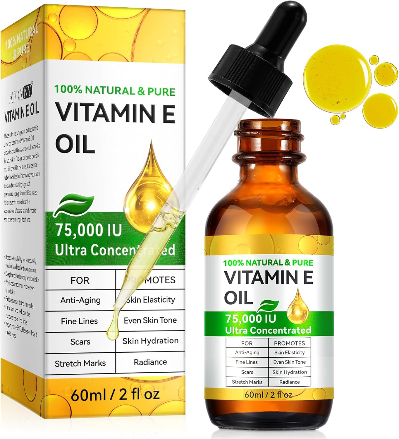 Vitamin E Oil, 75,000 IU, 100% Pure & Natural Vitamin E Oil for Skin, Face, Hair, Nails & Scars, Body Bath Moisturizing Dry Skin and Winkles, Non-GMO & Vegan (2 Fl Oz (Pack of 1)) Vitamin E Oil, 75,000 IU, 100% Pure & Natural Vitamin E Oil for Skin, Face, Hair, Nails & Scars, Body Bath Moisturizing Dry Skin and Winkles, Non-GMO & Vegan (2 Fl Oz (Pack of 1))