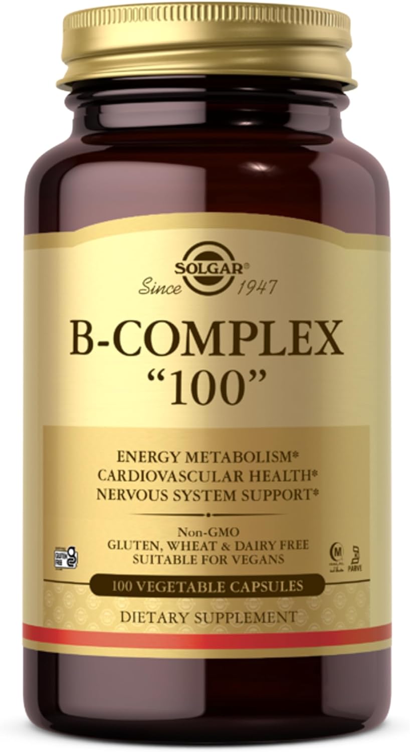 Solgar BComplex “100” Vegetable Capsules Heart Health Nervous System Support Supports Energy Metabolism Non GMO Vegan Gluten Free Dairy Free Kosher Halal Servings, Standard Packaging, 100 Count Solgar BComplex “100” Vegetable Capsules Heart Health Nervous System Support Supports Energy Metabolism Non GMO Vegan Gluten Free Dairy Free Kosher Halal Servings, Standard Packaging, 100 Count