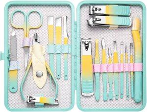 Manicure Set 18pcs Nail Clipper Set with Portable Travel Case Men Women Face Toe Finger Care Tools Manicure Pedicure Tools Grooming Kit Gift for Men Women (Macron Green)