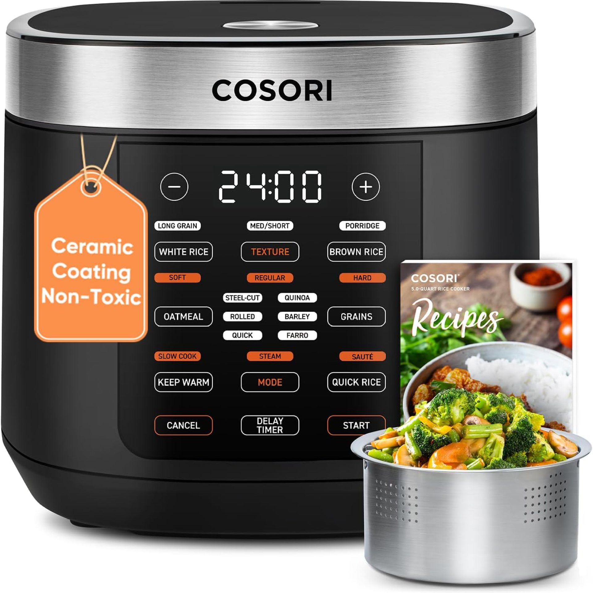 COSORI Rice Cooker 10 Cup, 24h Keep Warm, 18 Functions Fuzzy Logic Rice Maker with Stainless Steel Steamer Basket, Sauté, Slow Cooker, Black COSORI Rice Cooker 10 Cup, 24h Keep Warm, 18 Functions Fuzzy Logic Rice Maker with Stainless Steel Steamer Basket, Sauté, Slow Cooker, Black