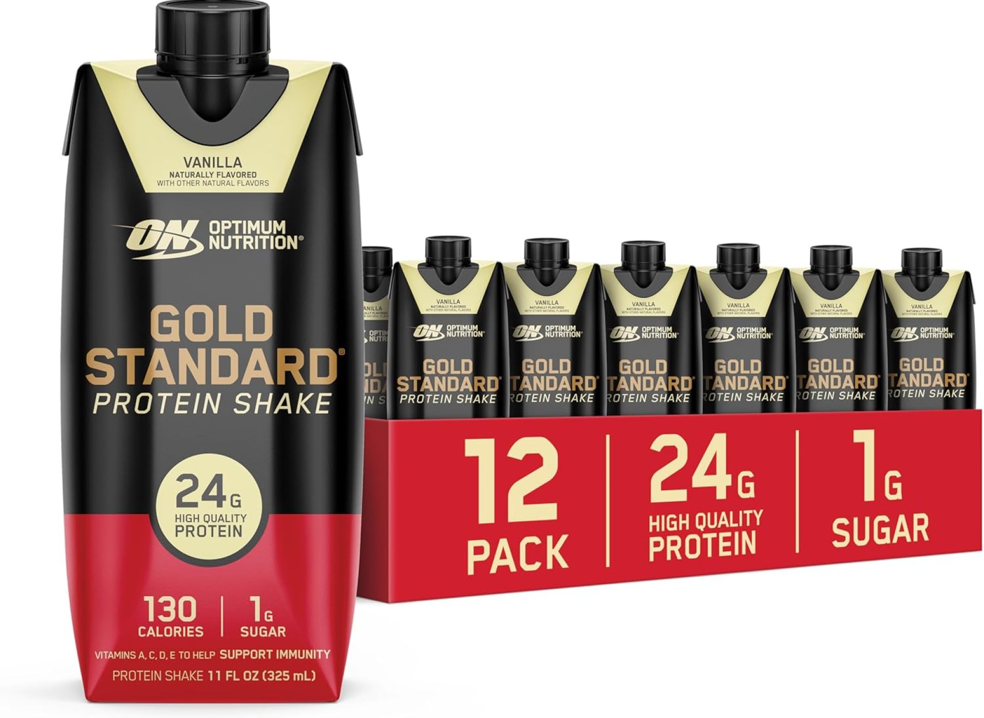 Optimum Nutrition Gold Standard Protein Shake, 24g Protein, Ready to Drink Protein Shake, Gluten Free, Vitamin C for Immune Support, Vanilla, 11 Fl Oz, 12 Count (Pack of 1) (Packaging May Vary) Optimum Nutrition Gold Standard Protein Shake, 24g Protein, Ready to Drink Protein Shake, Gluten Free, Vitamin C for Immune Support, Vanilla, 11 Fl Oz, 12 Count (Pack of 1) (Packaging May Vary)