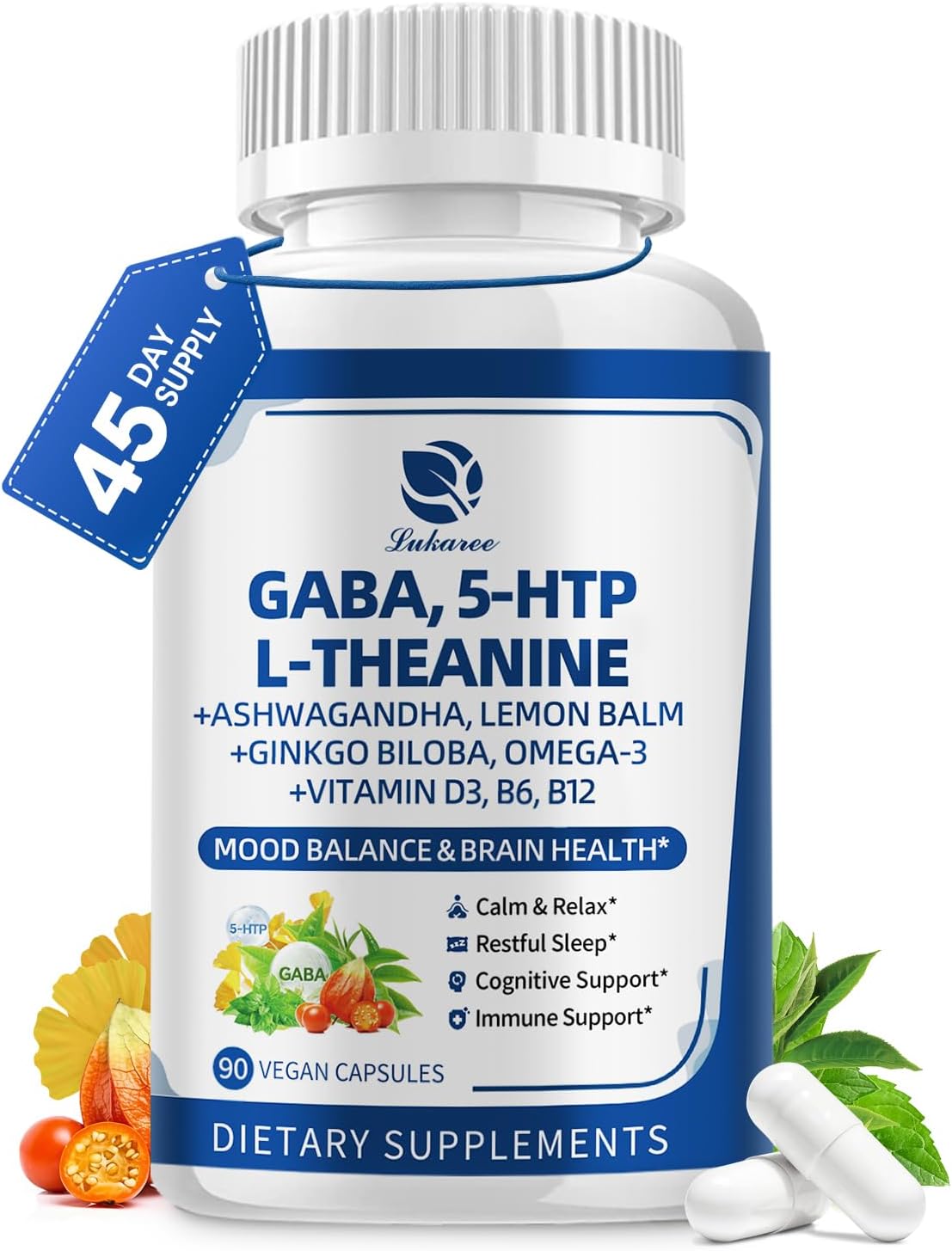 GABA Supplements 750mg with L Theanine, 5HTP, Ashwagandha, Lemon Balm, Ginkgo Biloba, Omega-3, 10 in 1 GABA Calm Capsules for Sleep, Relaxation, Focus, Mood Support, Cortisol Balance – 90CT GABA Supplements 750mg with L Theanine, 5HTP, Ashwagandha, Lemon Balm, Ginkgo Biloba, Omega-3, 10 in 1 GABA Calm Capsules for Sleep, Relaxation, Focus, Mood Support, Cortisol Balance – 90CT