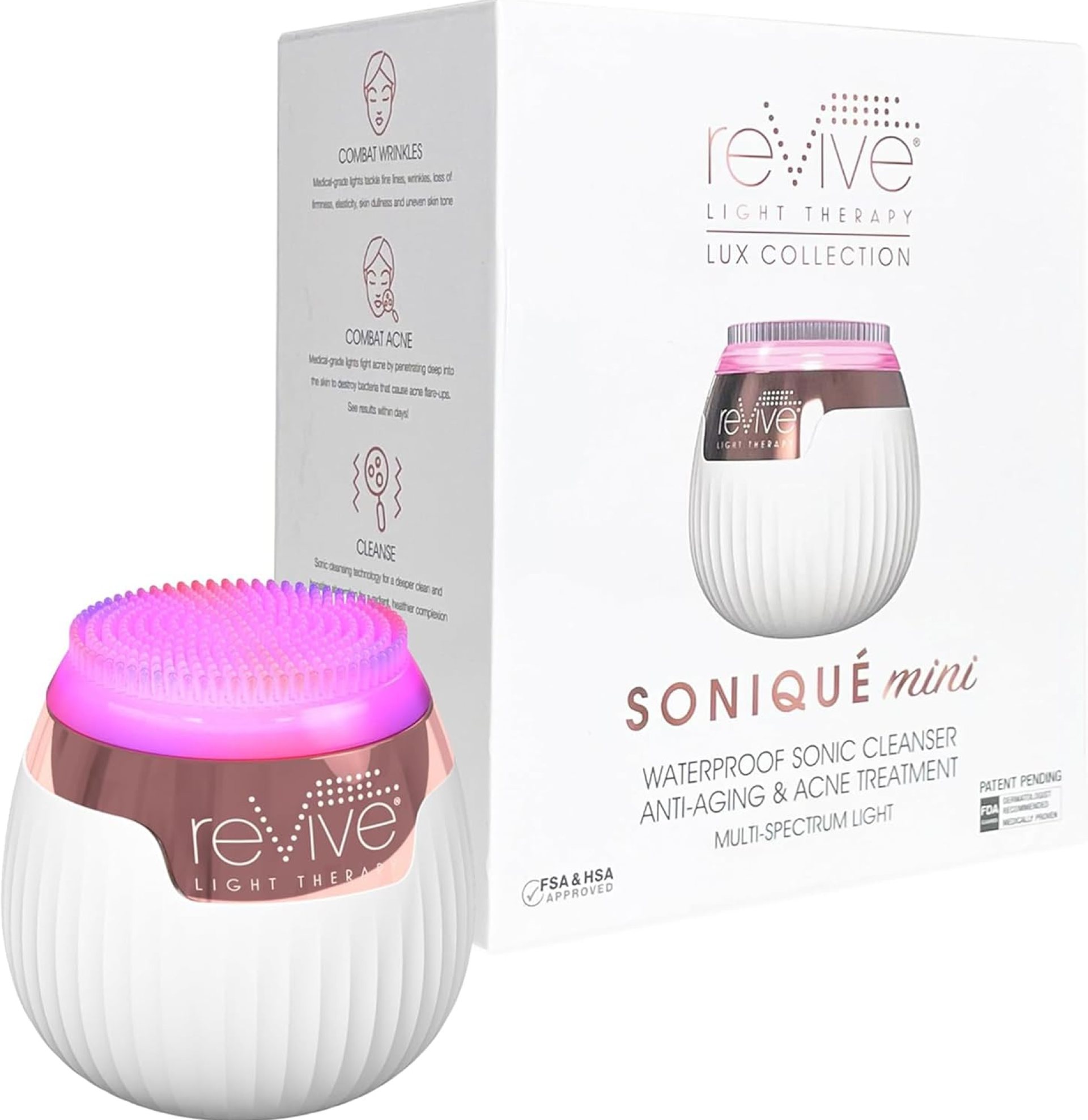 Revive Light Therapy Lux Collection Soniqué Mini, Rechargeable Sonic Face Cleanser Brush with Medical-Grade Blue & Red Light Therapy for Face, Acne & Wrinkle Care, Water-Resistant Revive Light Therapy Lux Collection Soniqué Mini, Rechargeable Sonic Face Cleanser Brush with Medical-Grade Blue & Red Light Therapy for Face, Acne & Wrinkle Care, Water-Resistant