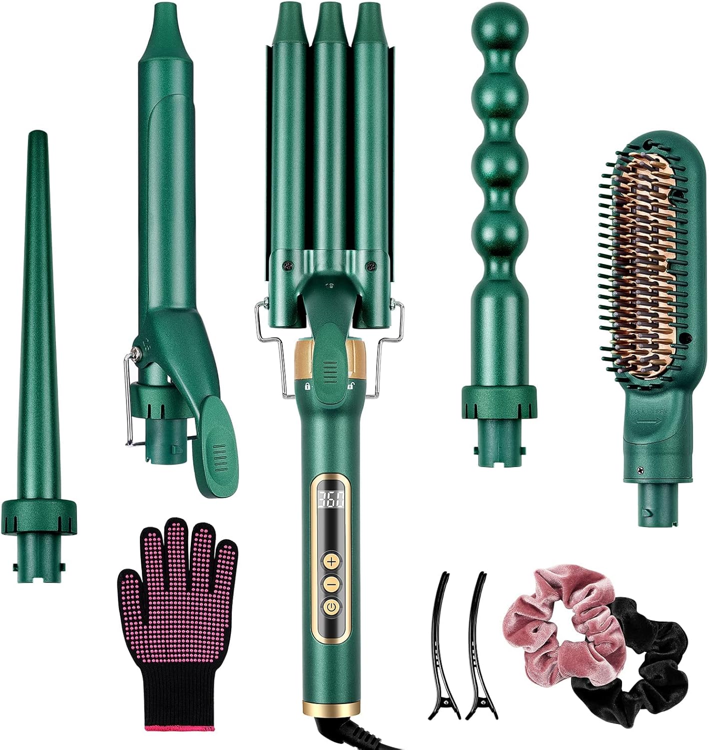 Yinhua Curling Iron Set, 5 in 1 Curling Wand with 4 Interchangeable Ceramic Barrels and 1 Straight Hair Brush, 30S Instant Heat Up, LCD Temp Adjustment, Dual Voltage, Includes Heat Resistant Gloves Yinhua Curling Iron Set, 5 in 1 Curling Wand with 4 Interchangeable Ceramic Barrels and 1 Straight Hair Brush, 30S Instant Heat Up, LCD Temp Adjustment, Dual Voltage, Includes Heat Resistant Gloves