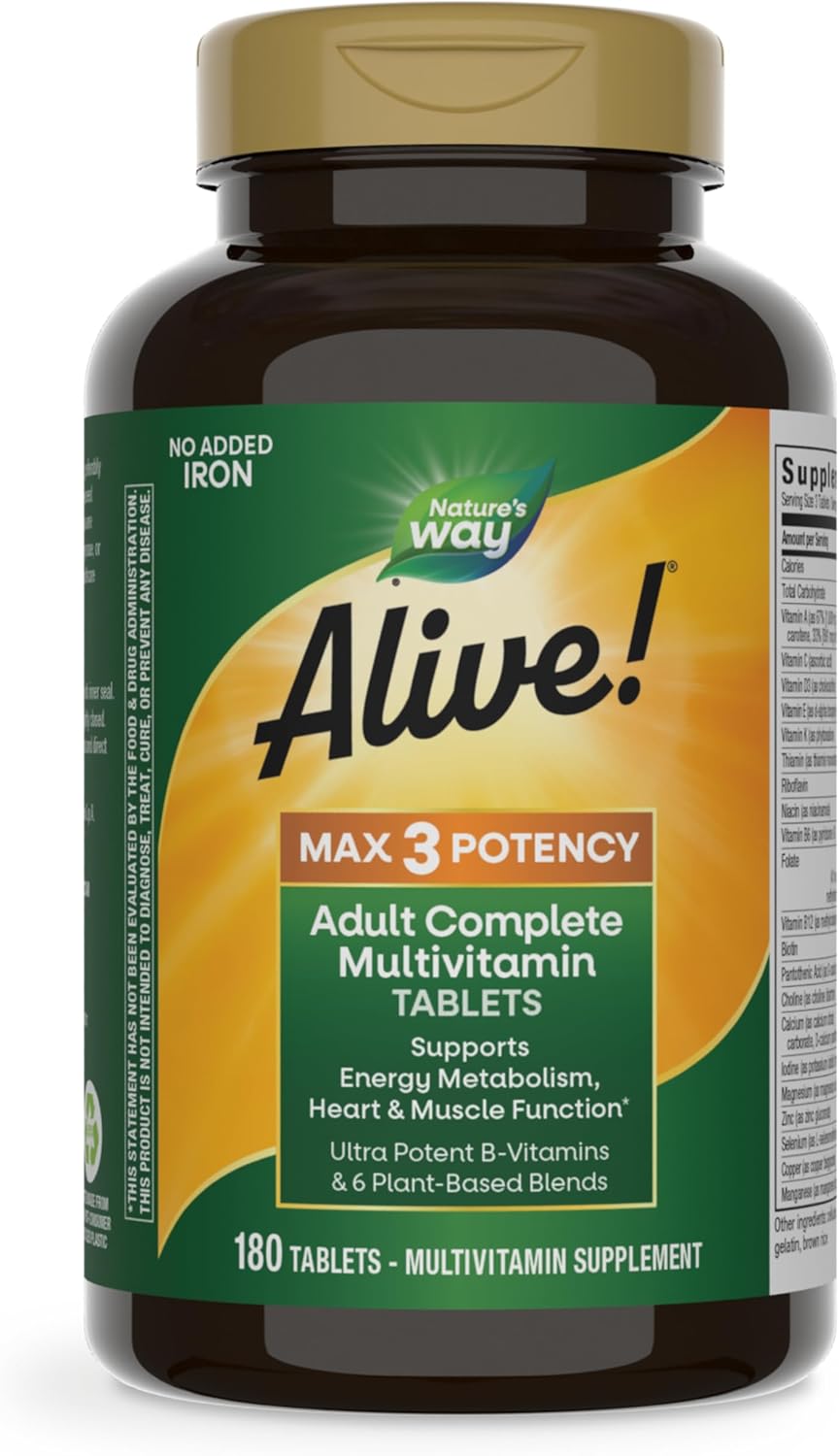 Nature’s Way Alive! Max3 Potency Adult Complete Multivitamin, High Potency B-Vitamins to Support Energy Metabolism*, with Methylated B12 and Folate, No Added Iron, 180 Tablets Nature’s Way Alive! Max3 Potency Adult Complete Multivitamin, High Potency B-Vitamins to Support Energy Metabolism*, with Methylated B12 and Folate, No Added Iron, 180 Tablets