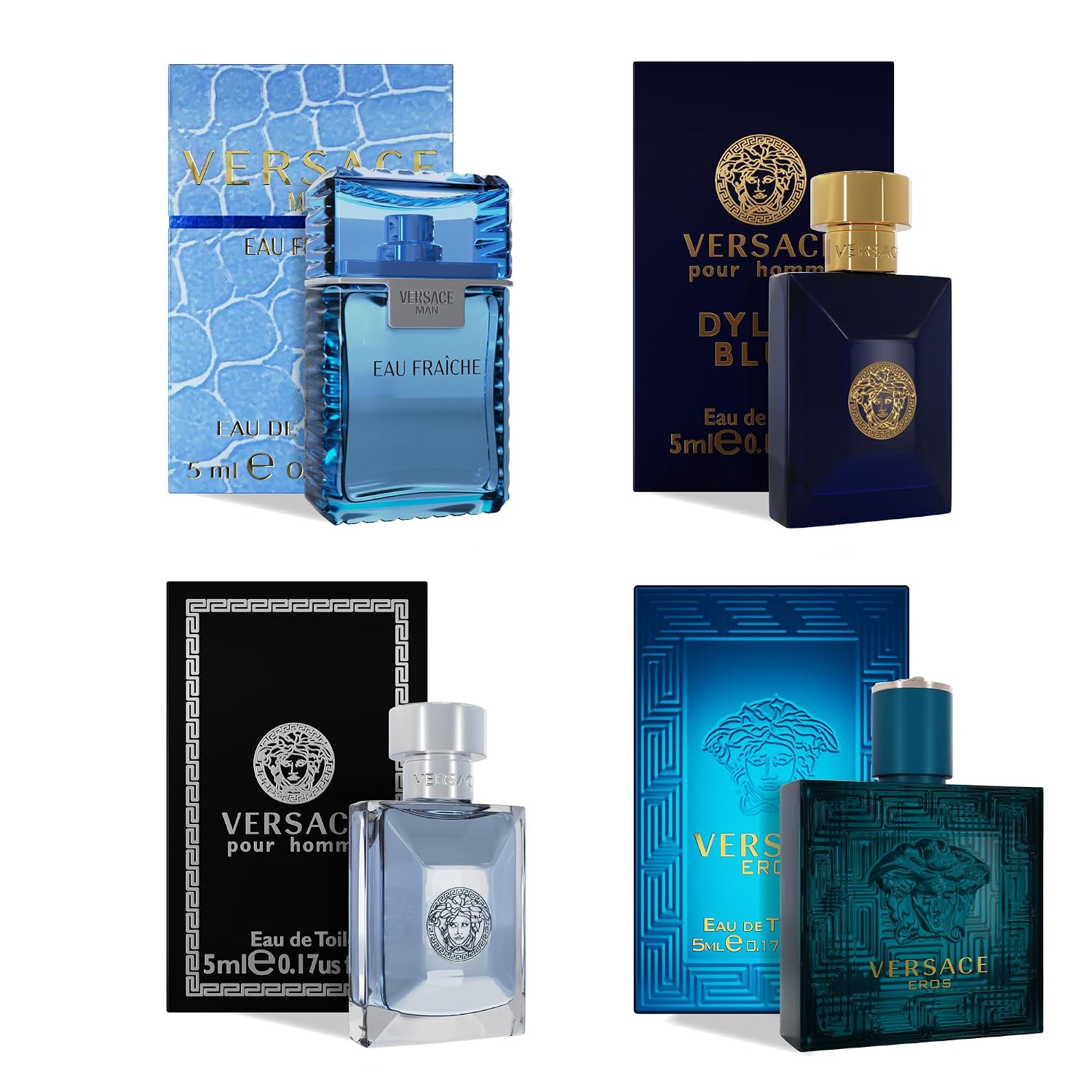 Versace Cologne for Men Set of 4 Mini Eros, Pour Homme, Dylan Blue, Eau Fraiche Perfume for Men Fragrance Sampler Set – Designer Mens Cologne Samples (4 Count, 0.17 oz) Versace Cologne for Men Set of 4 Mini Eros, Pour Homme, Dylan Blue, Eau Fraiche Perfume for Men Fragrance Sampler Set – Designer Mens Cologne Samples (4 Count, 0.17 oz)