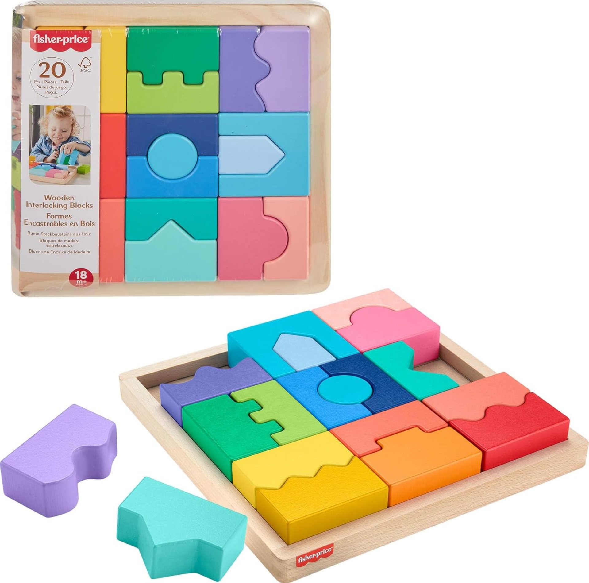 Fisher-Price Wood Toddler Toy Interlocking Blocks Stacking Jigsaw Puzzle with 20 Wooden Pieces for Kids Ages 18+ Months Fisher-Price Wood Toddler Toy Interlocking Blocks Stacking Jigsaw Puzzle with 20 Wooden Pieces for Kids Ages 18+ Months