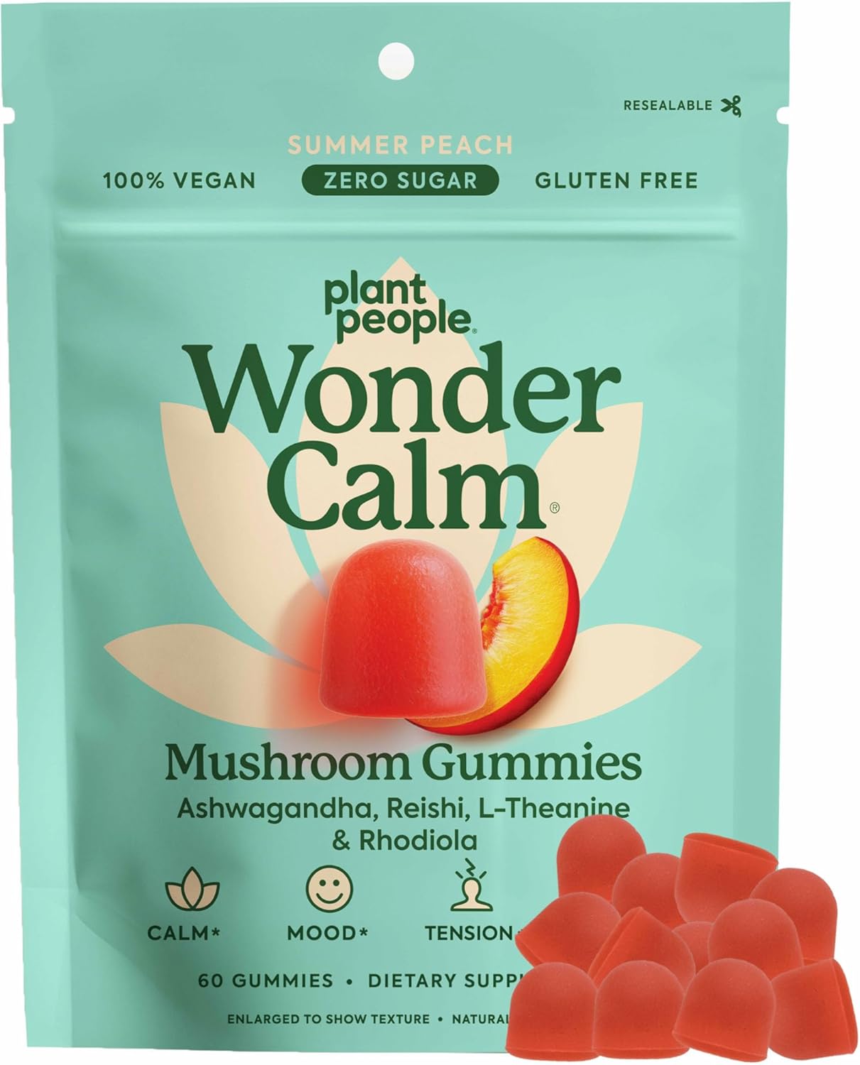 Plant People WonderCalm Mushroom Gummies – Natural Ashwagandha Supplement to Ease Stress & Boost Mood for Adults Without Sugar, Gluten or Artificial Colors, Vegan-Friendly, Peach Flavor, 60 Count Plant People WonderCalm Mushroom Gummies – Natural Ashwagandha Supplement to Ease Stress & Boost Mood for Adults Without Sugar, Gluten or Artificial Colors, Vegan-Friendly, Peach Flavor, 60 Count