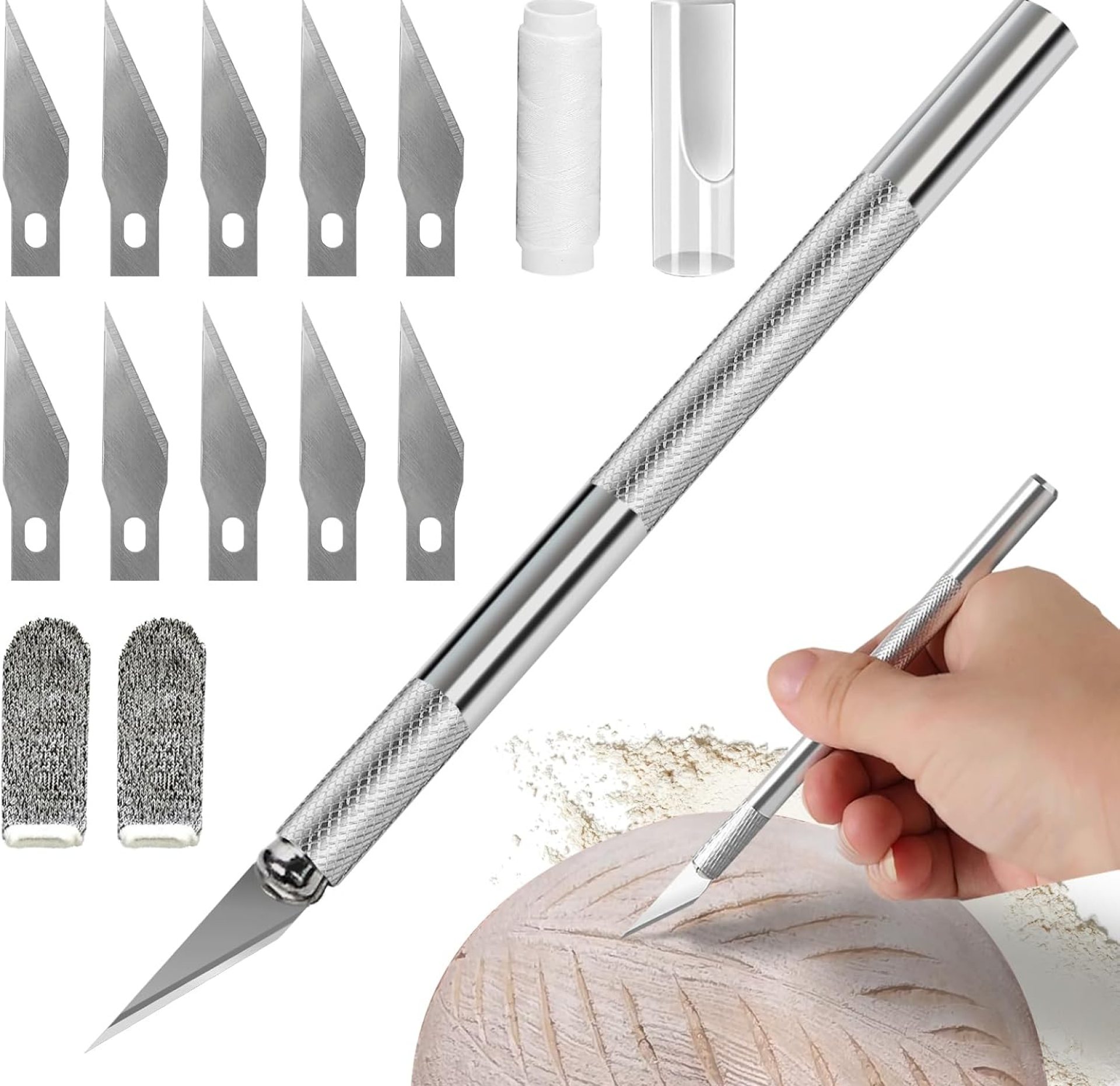 Premium Bread Lame – Sourdough Scoring Tool Kit with 11 Blades, Safety Cover, 2 Finger Sleeves, Pattern String – Stainless Steel Dough Scorer Knife for Artisan Bread Baking Premium Bread Lame – Sourdough Scoring Tool Kit with 11 Blades, Safety Cover, 2 Finger Sleeves, Pattern String – Stainless Steel Dough Scorer Knife for Artisan Bread Baking