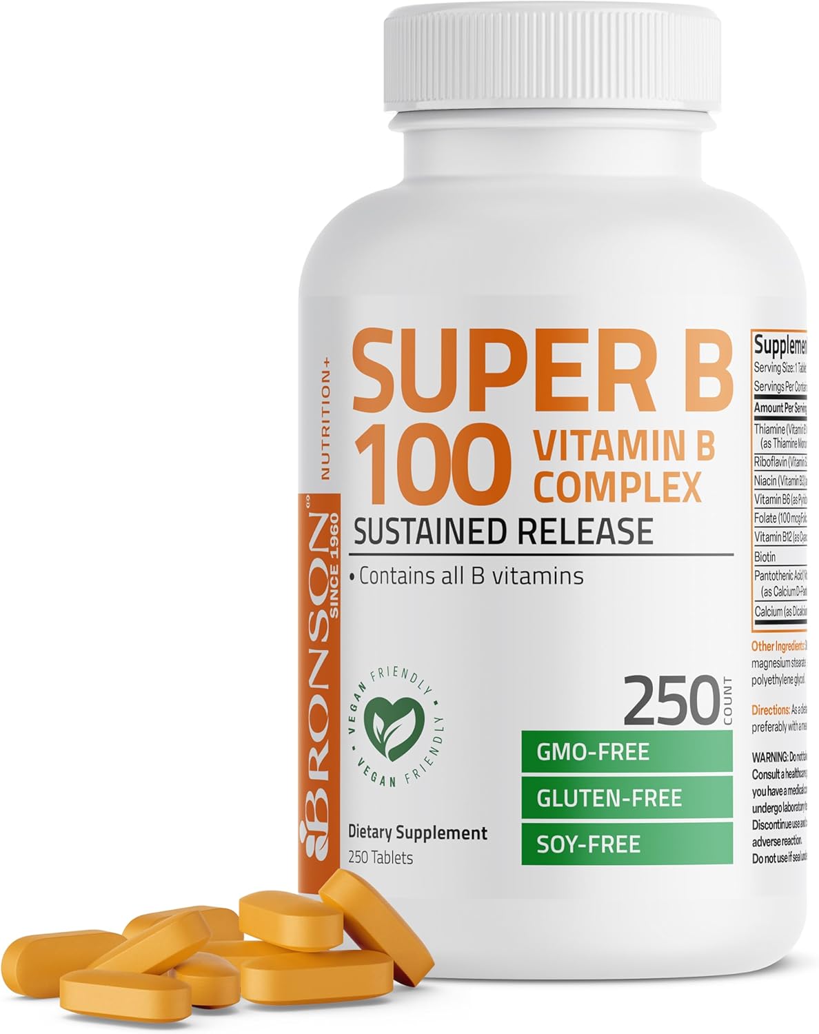 Bronson Super B 100 Vitamin B Complex Sustained Release Contains All B Vitamins (Vitamin B1, B2, B3, B6, B9 – Folic Acid, B12) Supports Energy Metabolism & Nervous System Health, Non-GMO, 250 Tablets Bronson Super B 100 Vitamin B Complex Sustained Release Contains All B Vitamins (Vitamin B1, B2, B3, B6, B9 – Folic Acid, B12) Supports Energy Metabolism & Nervous System Health, Non-GMO, 250 Tablets