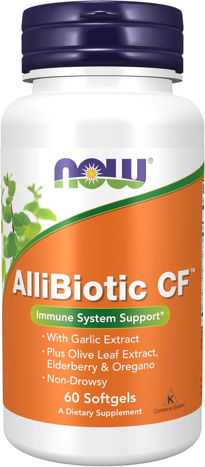 NOW Supplements, AlliBiotic CF™, with Garlic Extract, Olive Leaf Extract, Elderberry & Oregano, Non-Drowsy Formula, 60 Softgels NOW Supplements, AlliBiotic CF™, with Garlic Extract, Olive Leaf Extract, Elderberry & Oregano, Non-Drowsy Formula, 60 Softgels