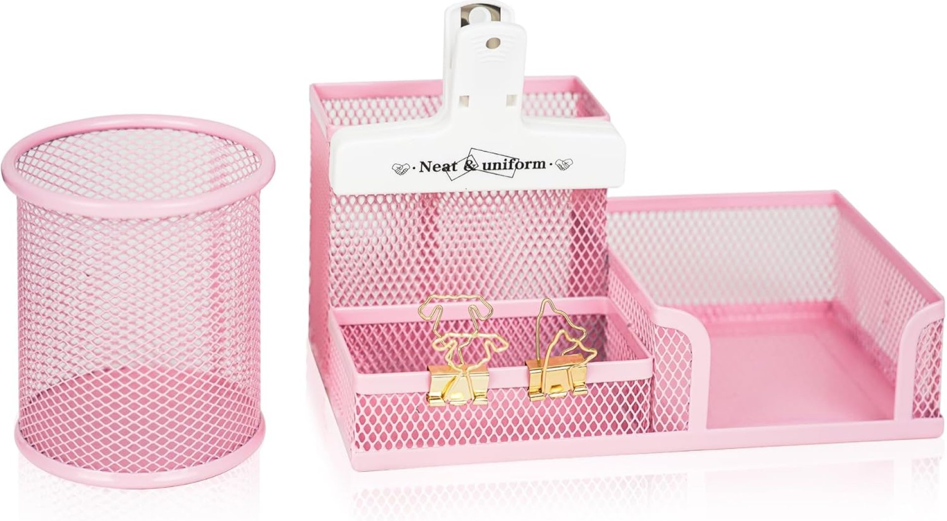 YOBRO Mesh Pen Holder Desk Organizer with a Pencil Cup, 3 Compartmnets Desk Caddy, Helpful Sticky Note Holder and Paper Clips Holder, Office Supply Organizer for School Home, Pink YOBRO Mesh Pen Holder Desk Organizer with a Pencil Cup, 3 Compartmnets Desk Caddy, Helpful Sticky Note Holder and Paper Clips Holder, Office Supply Organizer for School Home, Pink