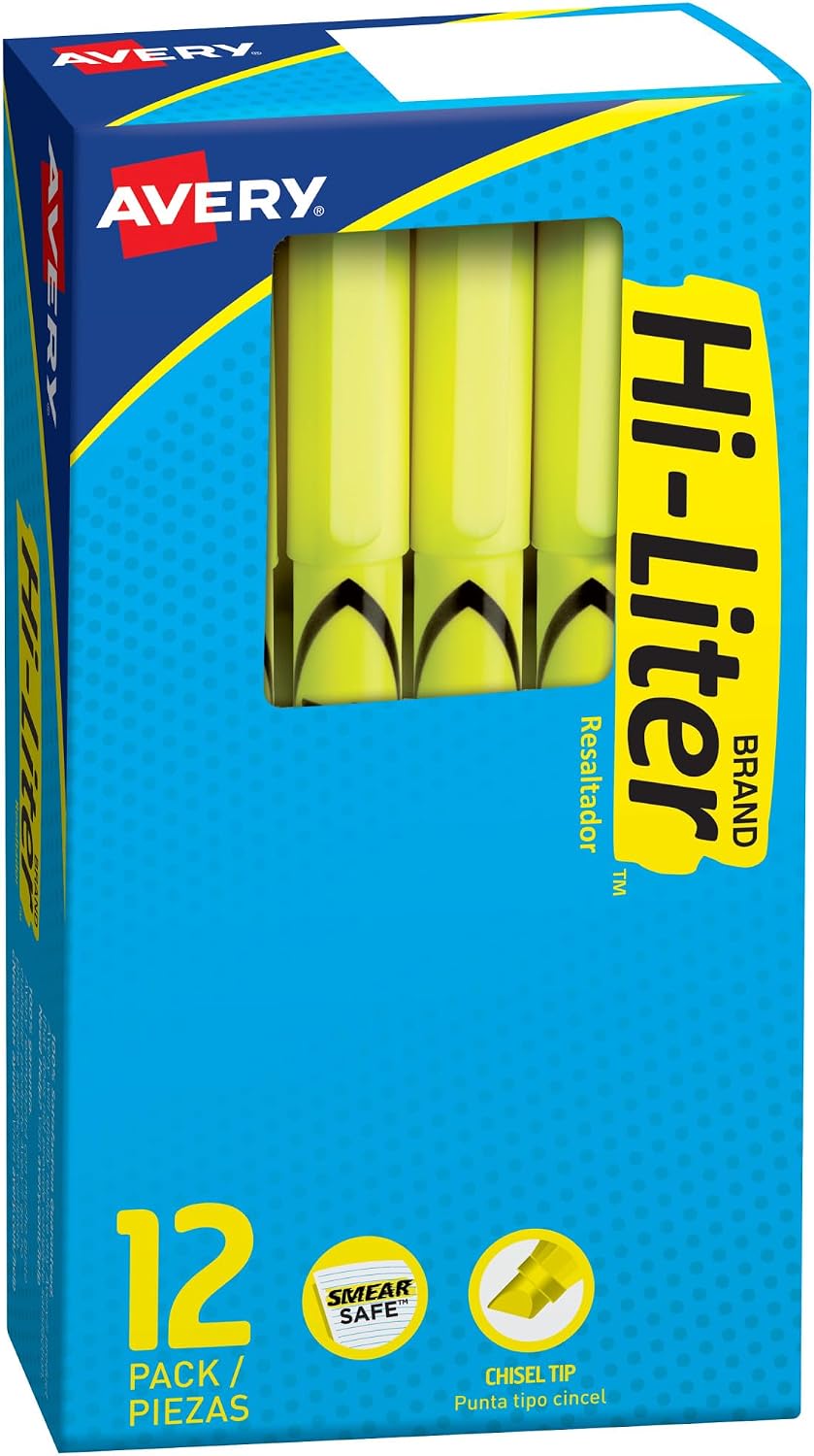 AVERY Hi-Liter Pen-Style Highlighters, Smear Safe Ink, Chisel Tip, 12 Fluorescent Yellow Highlighters (23591) AVERY Hi-Liter Pen-Style Highlighters, Smear Safe Ink, Chisel Tip, 12 Fluorescent Yellow Highlighters (23591)