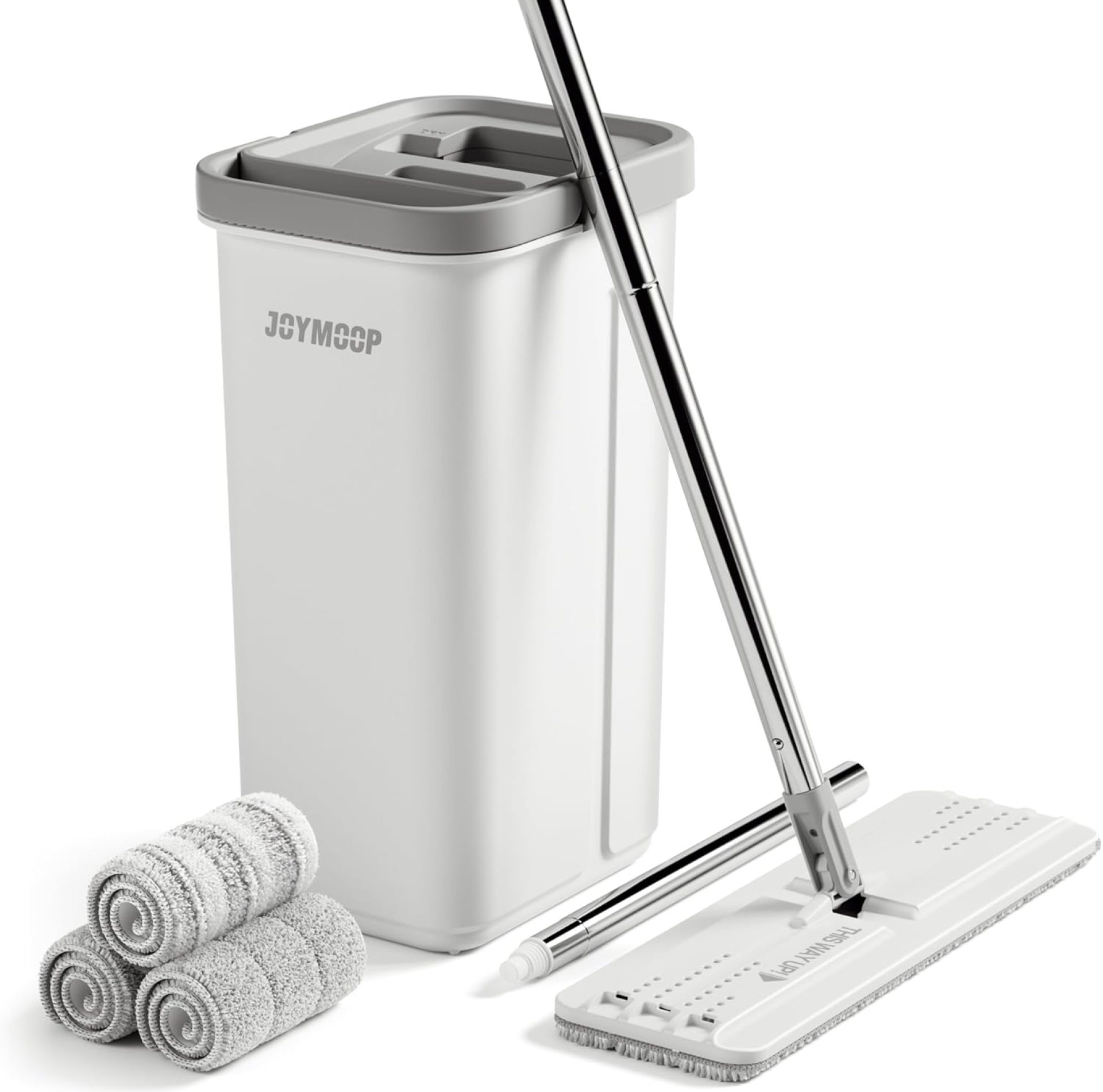 JOYMOOP Mop and Bucket with Wringer Set, Hands Free Flat Floor Mop and Bucket, 60″ Mop with 3 Reusable Microfiber Pads, Wet and Dry Use, Floor Cleaning System JOYMOOP Mop and Bucket with Wringer Set, Hands Free Flat Floor Mop and Bucket, 60″ Mop with 3 Reusable Microfiber Pads, Wet and Dry Use, Floor Cleaning System