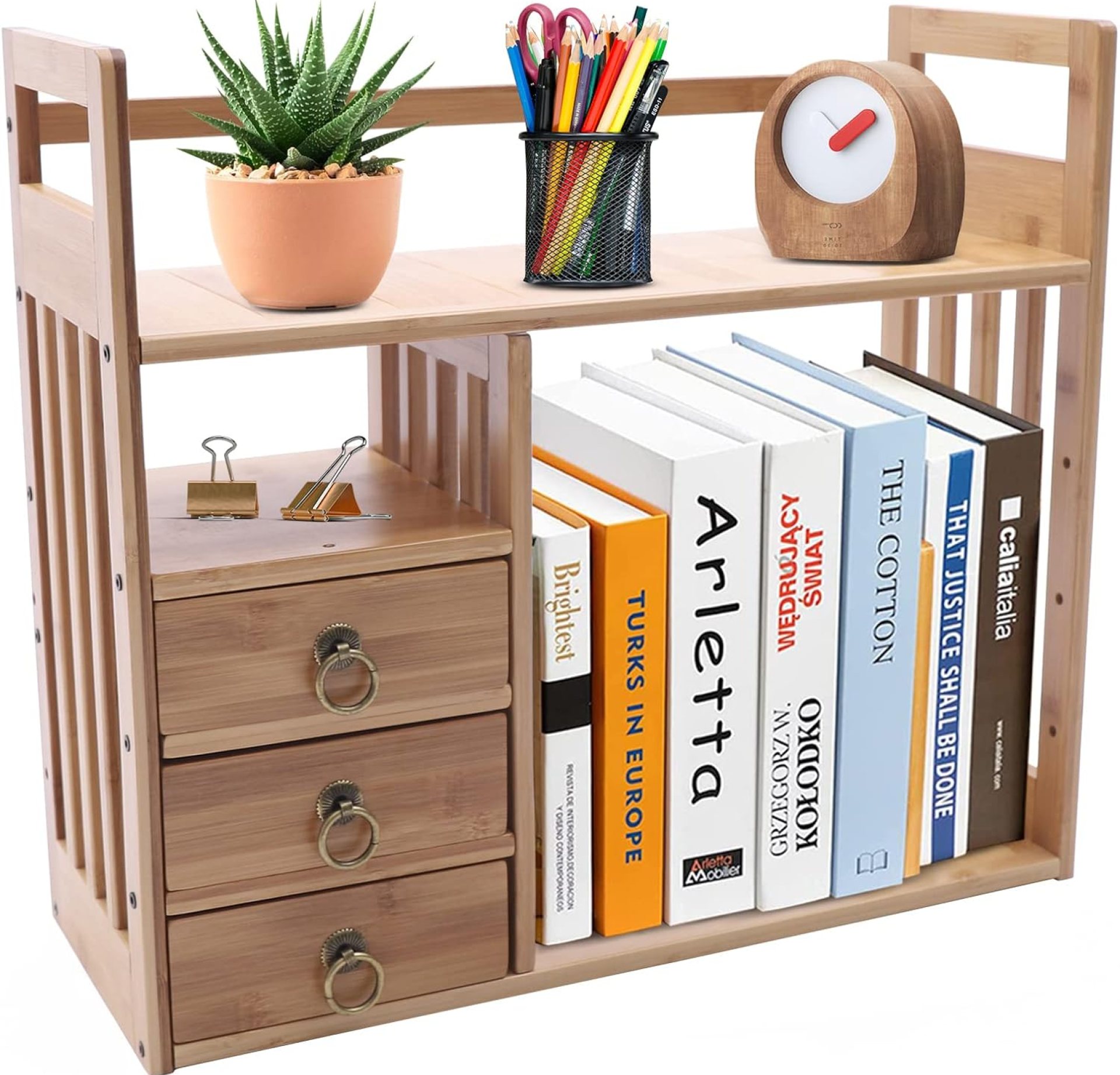 Bamboo Desk Book Shelf,Desktop Bookshelf Storage Rack Tabletop Standing Organizer Bookshelf with 3 Drawers,Freestanding Desk Bookcase for Home Dormitory Offices (Natural) Bamboo Desk Book Shelf,Desktop Bookshelf Storage Rack Tabletop Standing Organizer Bookshelf with 3 Drawers,Freestanding Desk Bookcase for Home Dormitory Offices (Natural)