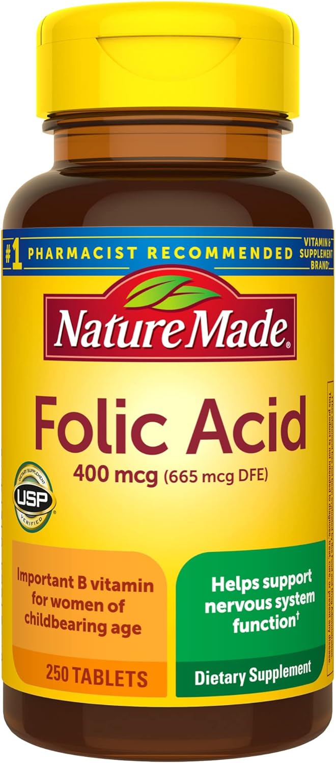 Nature Made Folic Acid 400 mcg (665 mcg DFE), Dietary Supplement for Nervous System Function, 250 Tablets, 250 Day Supply Nature Made Folic Acid 400 mcg (665 mcg DFE), Dietary Supplement for Nervous System Function, 250 Tablets, 250 Day Supply