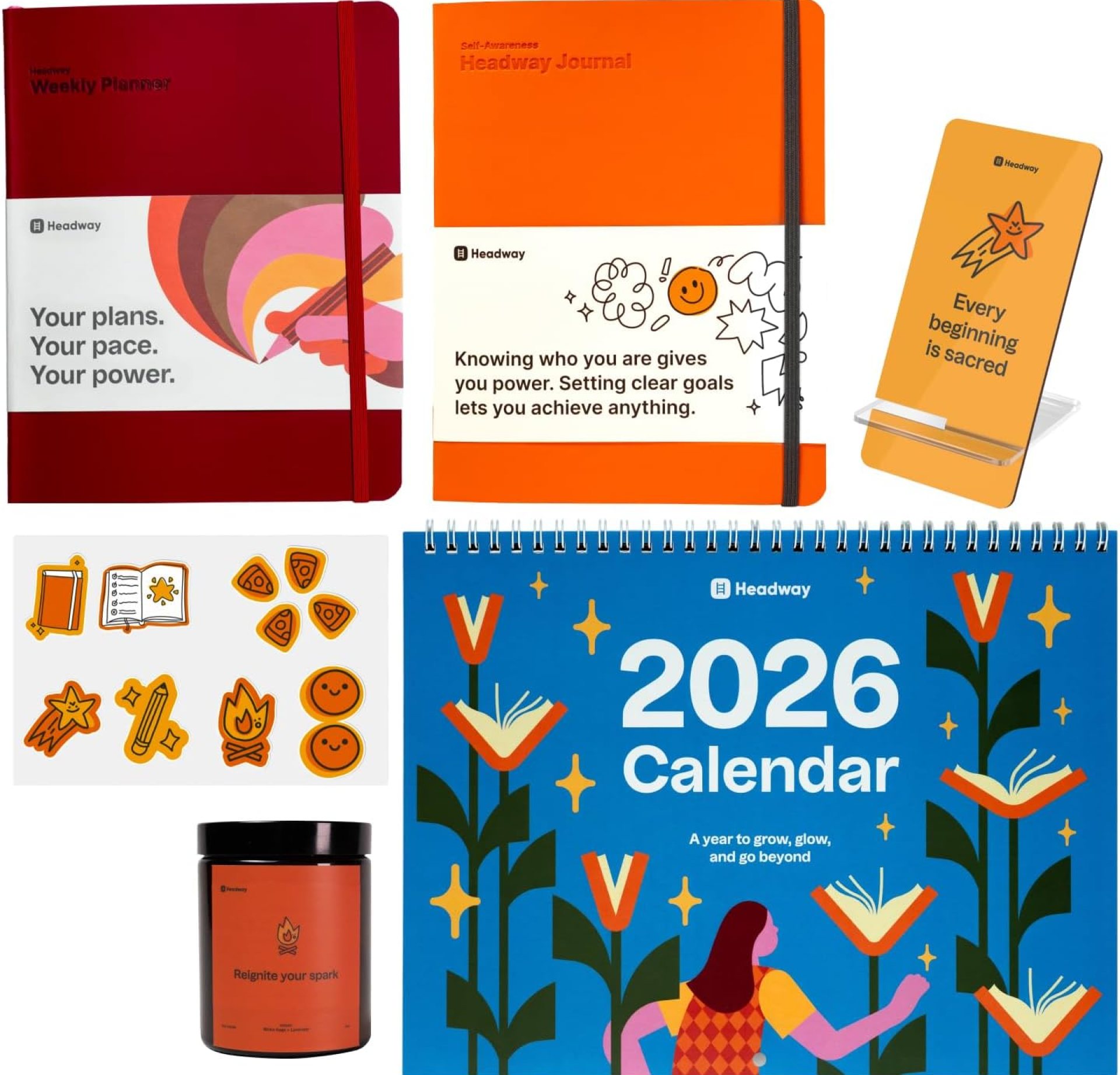 Headway Self-Care Gift Set – Includes Motivation & Self-Awareness Guided Journal, 3-Month Weekly & Monthly Planner, Scented Jar Candle, Planner Stickers, 2026 Spiral Wall Calendar, Desk Phone Stand, Clever Headway Self-Care Gift Set – Includes Motivation & Self-Awareness Guided Journal, 3-Month Weekly & Monthly Planner, Scented Jar Candle, Planner Stickers, 2026 Spiral Wall Calendar, Desk Phone Stand, Clever