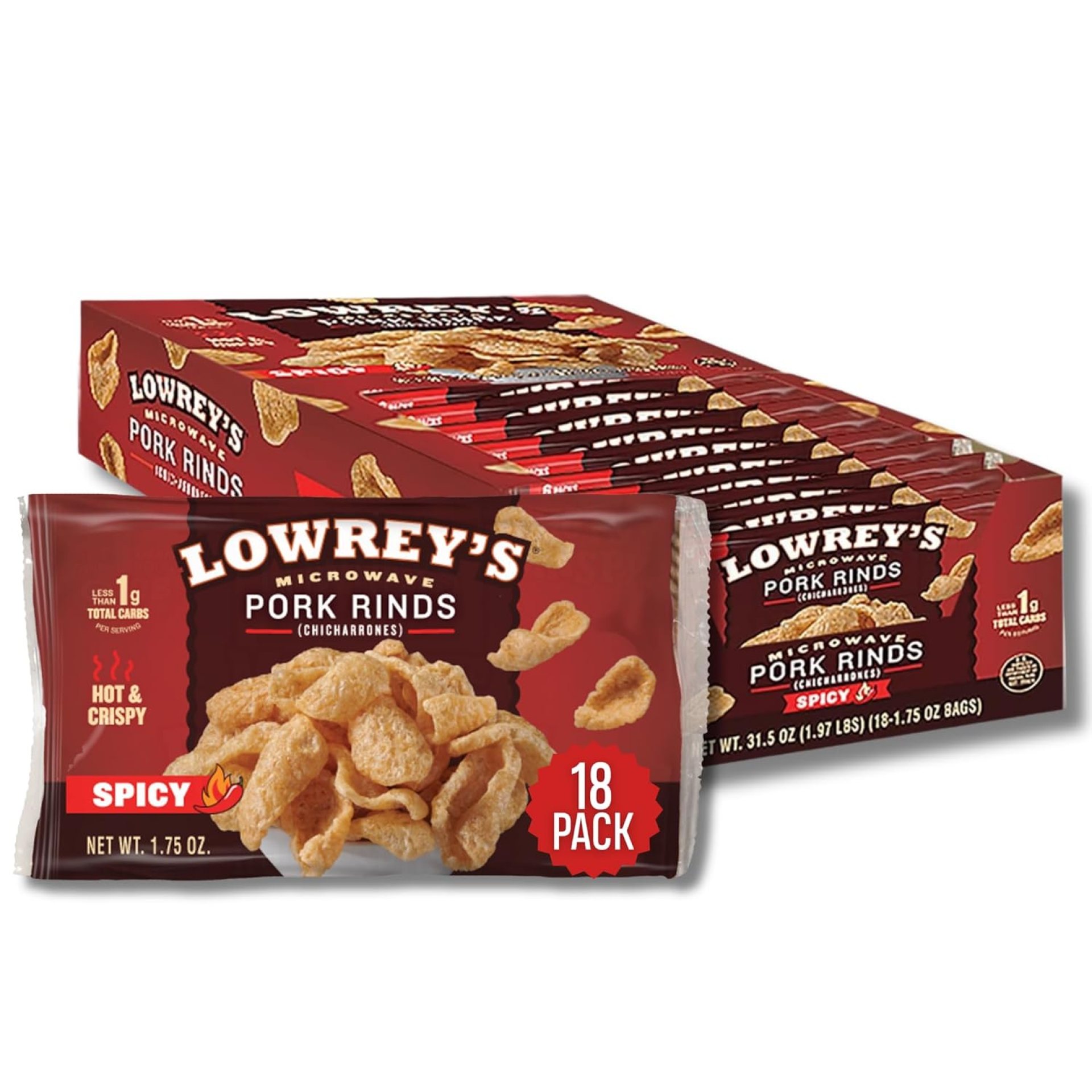 Lowrey’s Bacon Curls Microwave Pork Rinds (Chicharrones), Hot & Spicy, 1.75 Ounce (Pack of 18) Lowrey’s Bacon Curls Microwave Pork Rinds (Chicharrones), Hot & Spicy, 1.75 Ounce (Pack of 18)