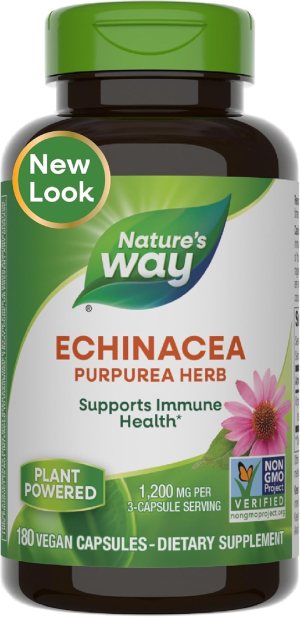 Nature’s Way Echinacea Purpurea Herb, Immune Support*, 1,200 mg per 3- Capsule Serving, Non-GMO Project Verified, Vegan, 180 Capsules