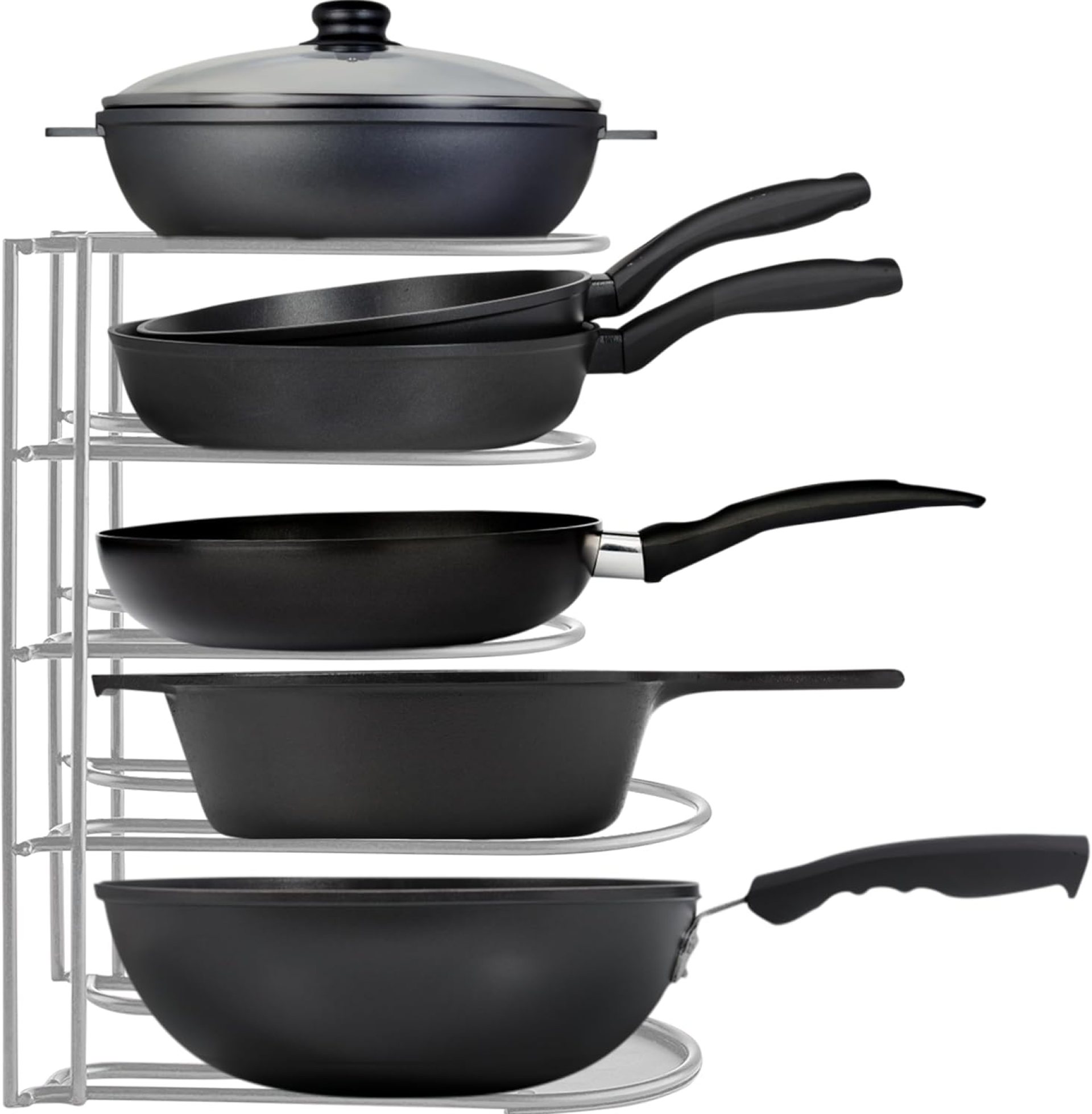 Heavy-Duty Pots and Pans Organizer | 5-Tier Cookware & Lid Storage Rack | Free-Standing or Wall-Mount | Kitchen Organizer for Cast Iron Skillets, Pots, Frying Pans, Lids | Chrome Heavy-Duty Pots and Pans Organizer | 5-Tier Cookware & Lid Storage Rack | Free-Standing or Wall-Mount | Kitchen Organizer for Cast Iron Skillets, Pots, Frying Pans, Lids | Chrome
