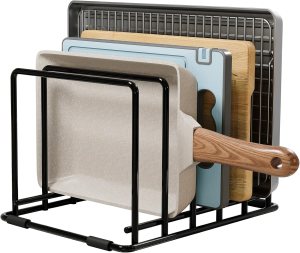 Kitchen Pan Organizer and Pot Rack, 5-Slot Steel Holder for Thin Pans, Baking Trays, and Cutting Boards – Space-Saving Storage