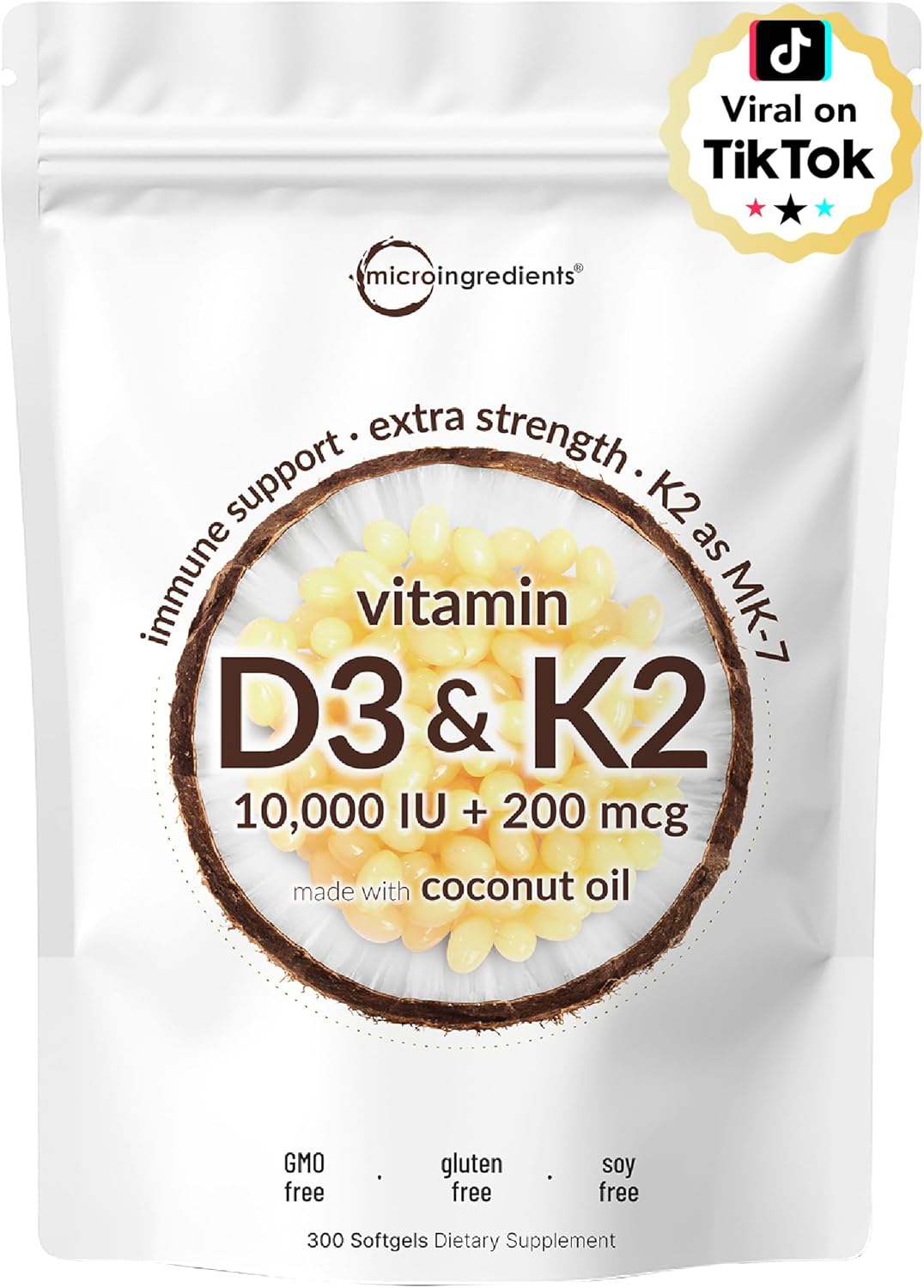 Micro Ingredients Vitamin D3 10,000 IU + K2 MK-7 200 mcg, 300 Softgels | Virgin Coconut Oil | 2-in-1 Bone, Immune & Heart Support | Easy to Swallow, Non-GMO Micro Ingredients Vitamin D3 10,000 IU + K2 MK-7 200 mcg, 300 Softgels | Virgin Coconut Oil | 2-in-1 Bone, Immune & Heart Support | Easy to Swallow, Non-GMO
