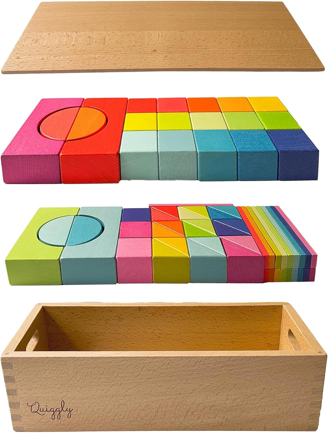 Quiggly Montessori Wooden Rainbow Building Blocks Set | 68-Piece Educational STEM Toy for Toddlers | Includes Storage Box with Carry Handles | Ideal for Ages 12-48+ Months (Wooden Storage Box) Quiggly Montessori Wooden Rainbow Building Blocks Set | 68-Piece Educational STEM Toy for Toddlers | Includes Storage Box with Carry Handles | Ideal for Ages 12-48+ Months (Wooden Storage Box)