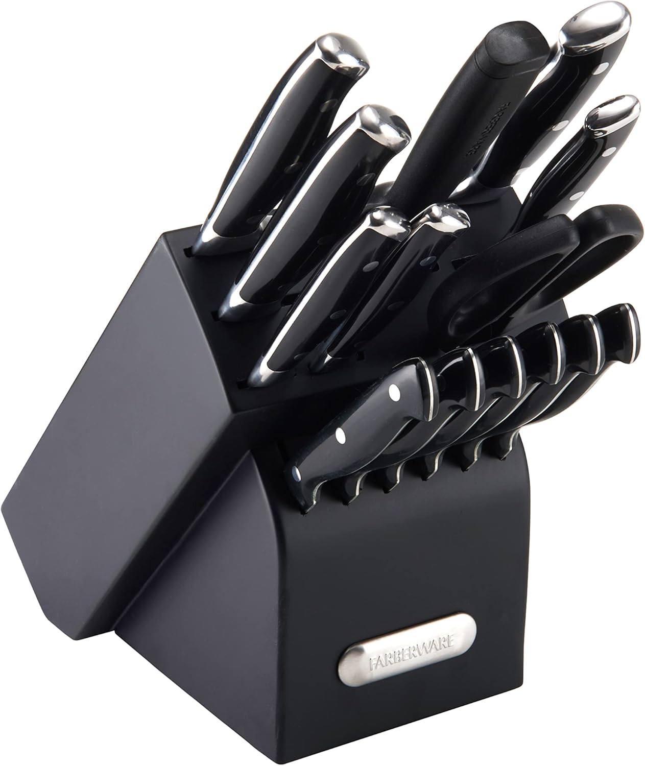 Farberware 15-Piece Forged Triple Riveted Knife Block Set, High Carbon-Stainless Steel Kitchen Knives, Razor-Sharp Knife Set with Wood Block, Black Farberware 15-Piece Forged Triple Riveted Knife Block Set, High Carbon-Stainless Steel Kitchen Knives, Razor-Sharp Knife Set with Wood Block, Black