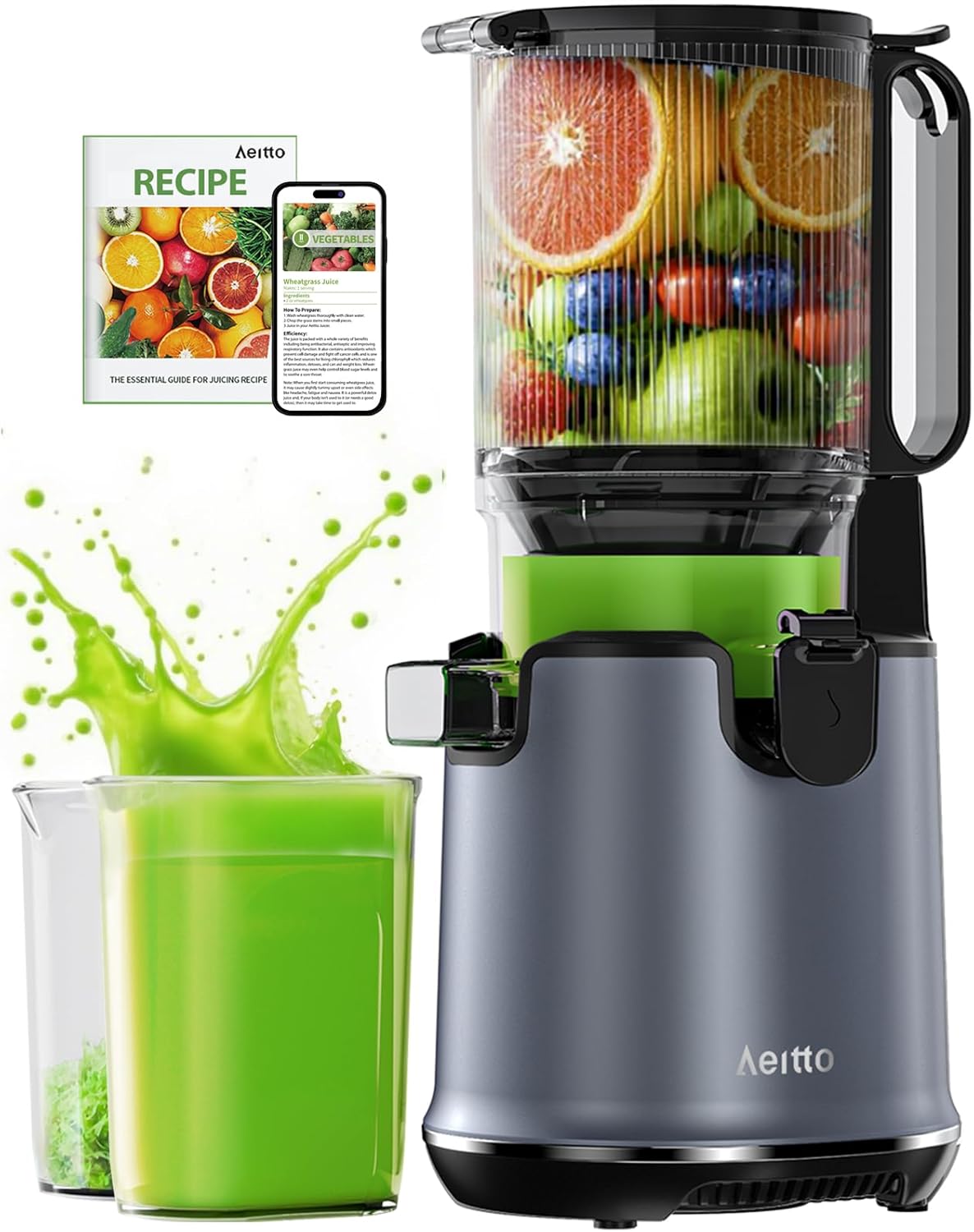 Max5 Juicer Machines,Aeitto Cold Press Juicer with 5.3“ Extra Large Feed Chute for Whole Fruits & Vegetables, Slow Masticating Juice Extractor, Self Feeding, Easy to Clean, High Juice Yield, Grey Max5 Juicer Machines,Aeitto Cold Press Juicer with 5.3“ Extra Large Feed Chute for Whole Fruits & Vegetables, Slow Masticating Juice Extractor, Self Feeding, Easy to Clean, High Juice Yield, Grey